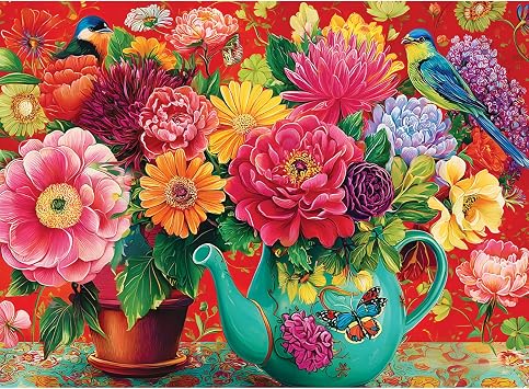 Colorful Flowers & Butterflies 500 Piece Jigsaw Puzzle, Vibrant Flora Art | Vibrant birds, perfect for family time, wall decor, gift for adults and seniors, 20.5 x 15 in
