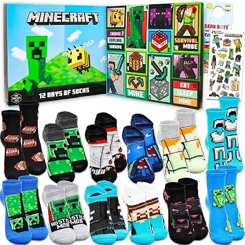 Minecraft Socks Gift Set Age 4-6 - Bundle with 12 Pairs of Socks for Boys Size 7-10 | Minecraft Sock Gift Box US, Age, 4, 6, Multicolor