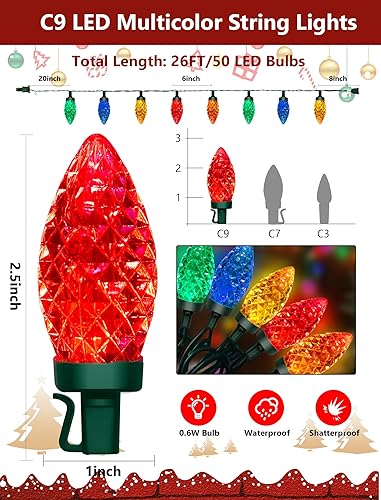 Miniatura 2 de GOOTHY Luces de Navidad para exteriores, cadena de luces de 26 pies con 50 luces de diamante multicolor C9 para exteriores, patio, techo, árbol,