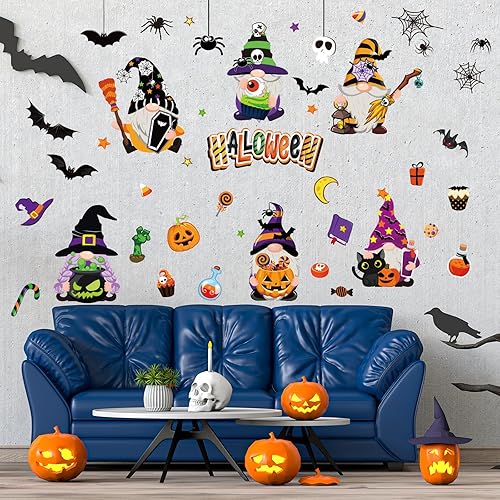 Miniatura 4 de Whaline Decoración de pared de gnomo de Halloween, gnomo, murciélago, araña, calabaza, calcomanías de pared, lindas calcomanías de arte de pared