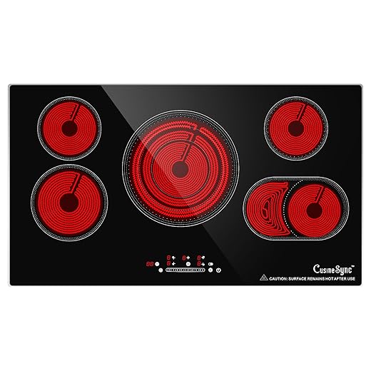 36 Inch Built-In Radiant Electric Cooktop, 5 Burner Smoothtop Stove Top with Triple Expandable Zone, 9200W 240V Hardwired Touch Control, 9 Power Levels, Timer, Child Lock & Hot Surface Indicator