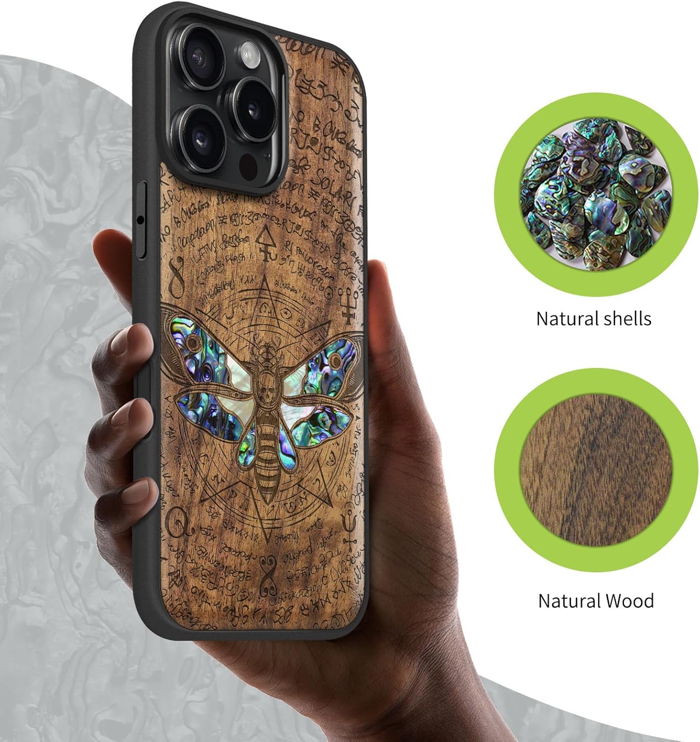 Carveit Magnetic Case for iPhone 16 Pro Max Case, Wood Artisan Engraved & Handmade Shell Inlaid, TPU Shockproof Cover, Compatible with MagSafe Wireless Chargers (Death's Head Moth) Walnut