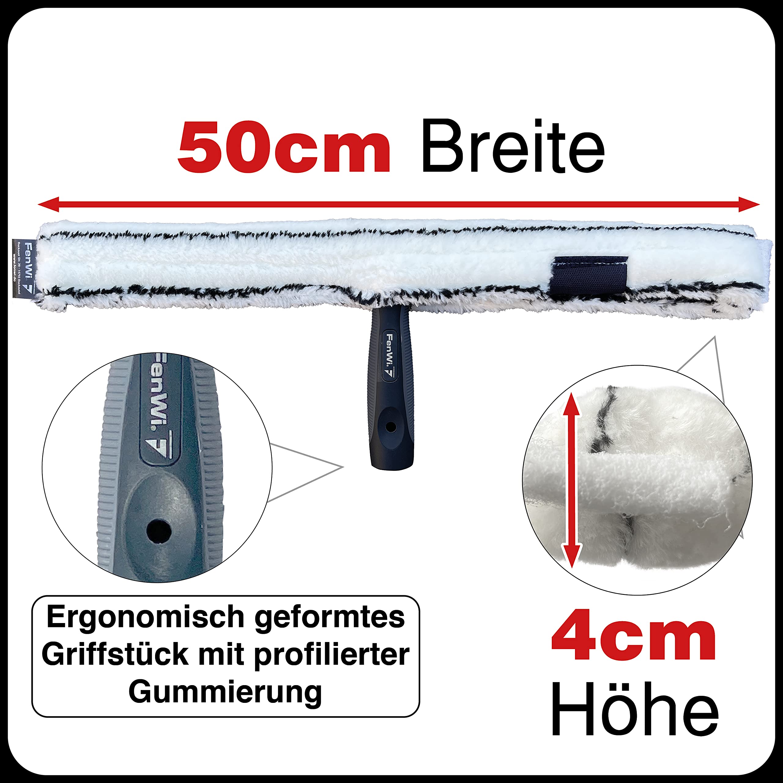FenWi Profi Fensterwischer 50cm breit mit Mikrofaser Einwascher | Wischergriff mit 45cm Alu T-Träger, für große, breite Flächen, Glasreinigung