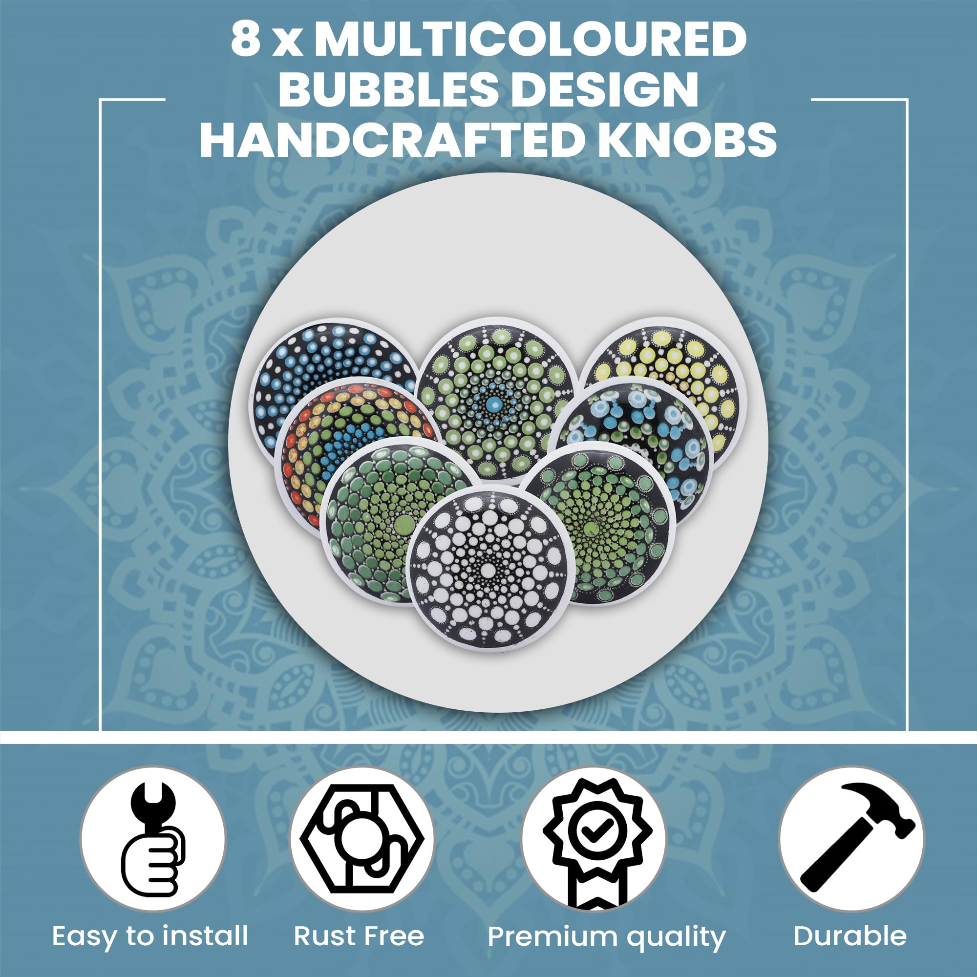 ETHNICITI 8 x Round Multicolour Bubbles Geometric Handmade Ceramic Door Knobs Cupboards Drawers Cabinets Wardrobe Assorted Vintage Shabby Chic Kitchen Bedroom Living Room Furniture Dresser Pull Handle - Image 2