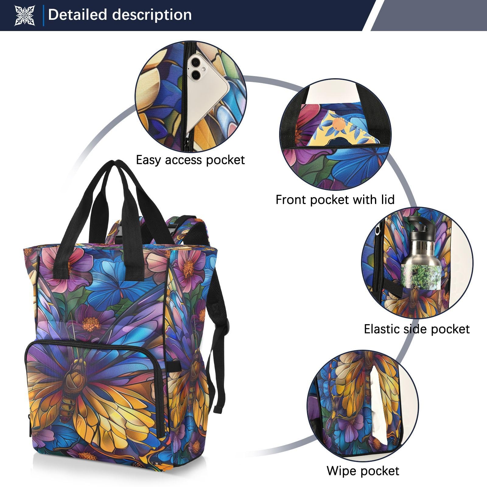 Coloridas Flores Mariposas Mochilas de Pañales para Gran Capacidad Pañal Bolso Mochila para Viajar al Aire Libre Mamá y Papá