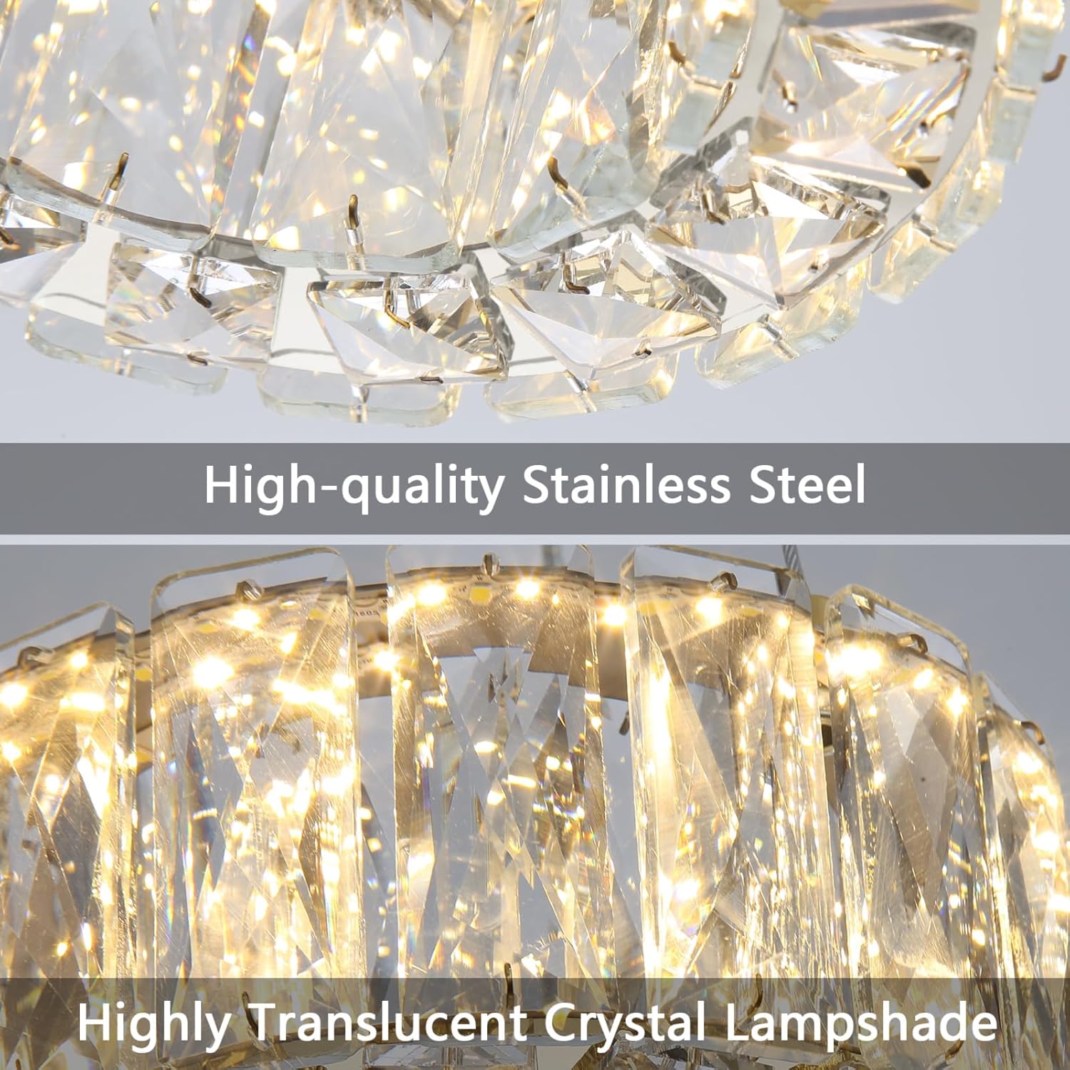 HAIXIANG Modern Crystal Chandelier Dimmable LED 8 Inch Ring Pendant Lights Adjustable Glam Chandeliers Lighting Fixtures for Dining Room Living Room Bedroom Silver Light