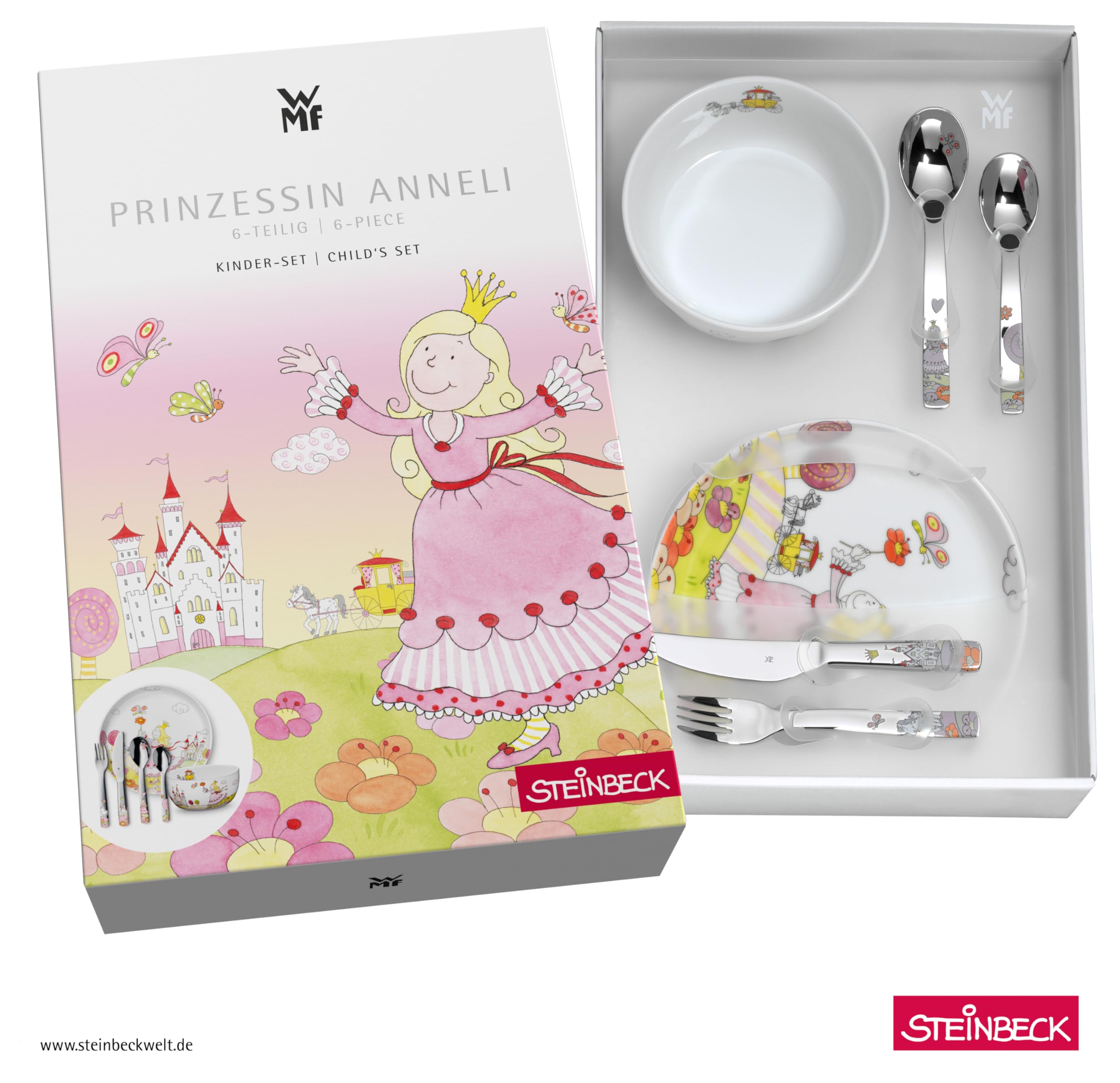 WMF Prinzessin Anneli Kindergeschirr Set 6-teilig mit Gravur – mit Namen – Porzellan Teller & Müsli-Schale mit Kinderbesteck – Kinder-Geschirrset für selbstständiges Essen ab 3 Jahren