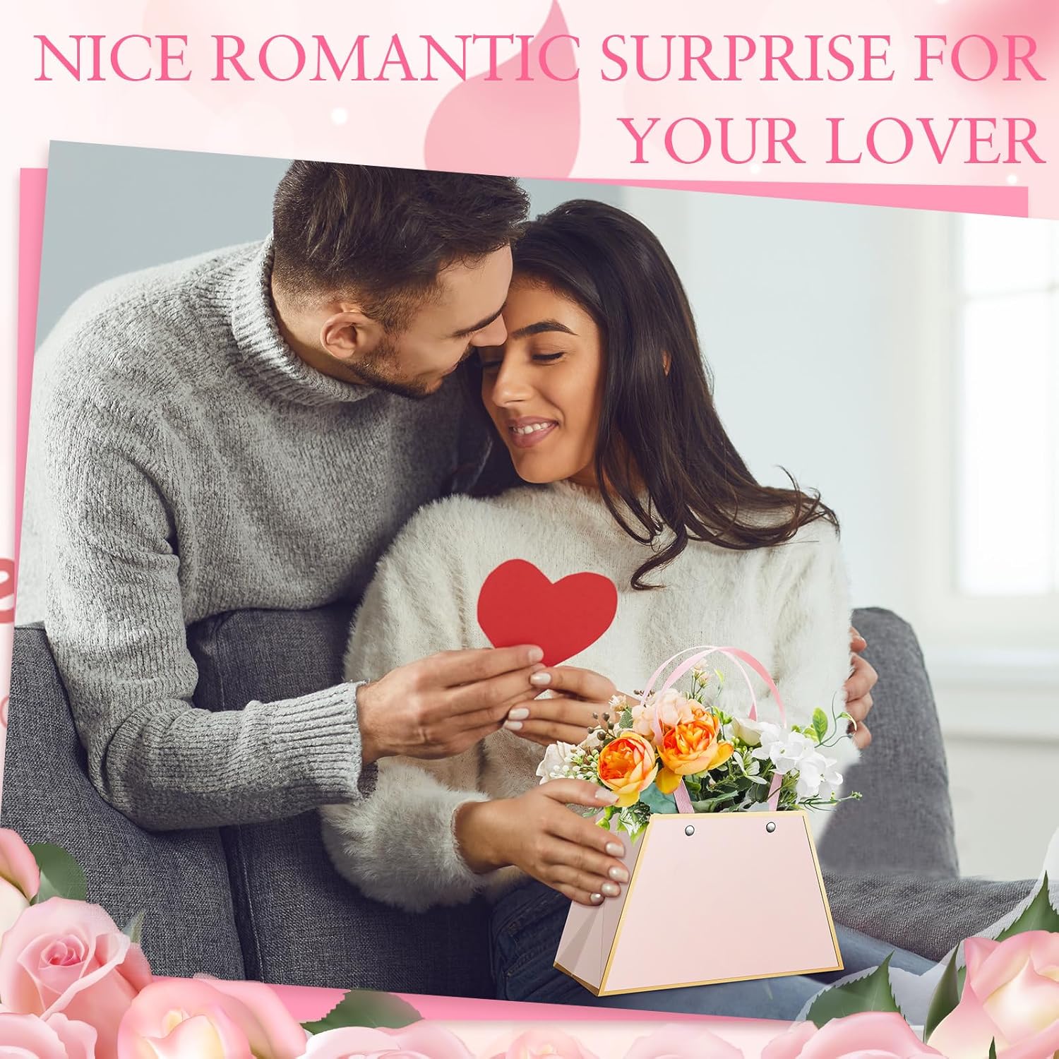Noveread 24 Pcs Valentine's Day Floral Gift Bags Bulk Portable Bouquet Wrapping Paper Bag with Handle Waterproof Flower Florist Wrap Centerpiece Box for Women Anniversary Wedding Birthday(Light Pink) - Image 5