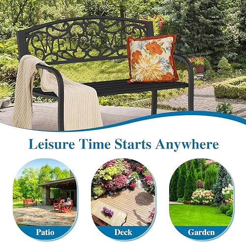 Miniatura 9 de Banco de jardín de 50 pulgadas de acero fundido para exteriores, banco de parque de metal resistente a la intemperie para porche, patio, césped,