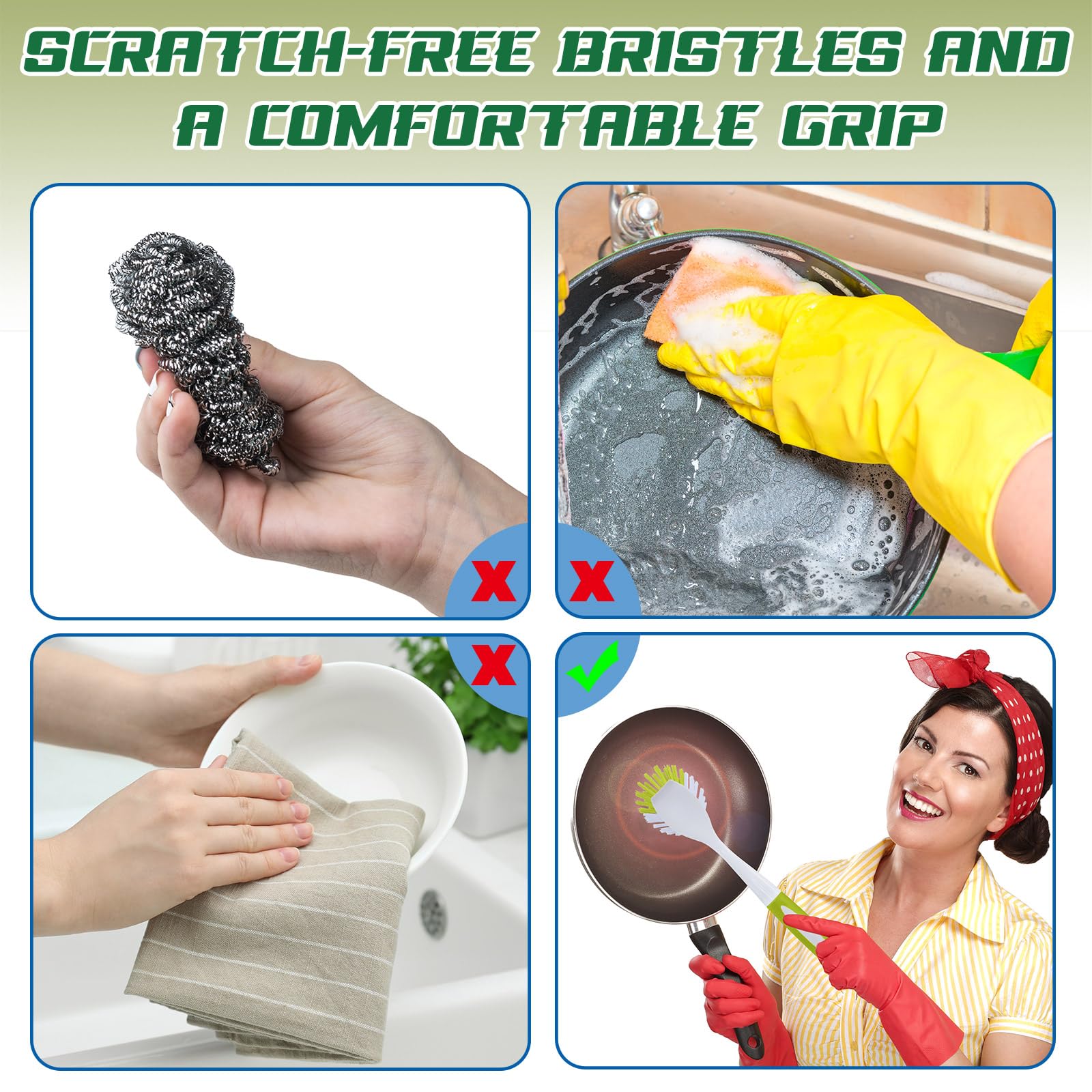Hsei Lot de 20 brosses à vaisselle avec poignée pour nettoyer la vaisselle, l'évier de cuisine, les casseroles et les poêles avec poils rigides pour ustensiles de cuisine (vert) et jaune