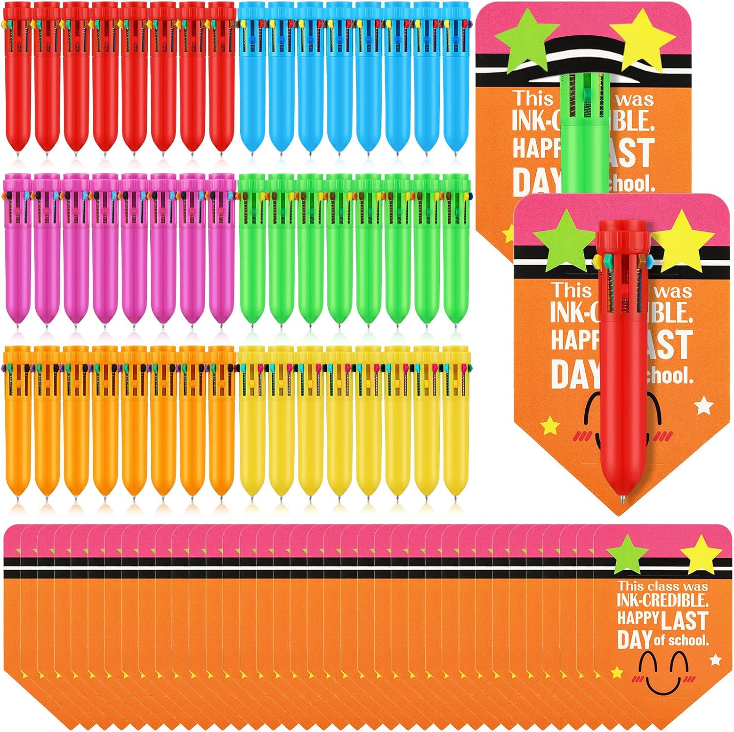 Sayglossy 48 Sets End of Year Gift Includes Retractable 0.5mm 10 in 1 Multicolor Ballpoint Pen with Gift Cards Bookmarks for Graduation Party