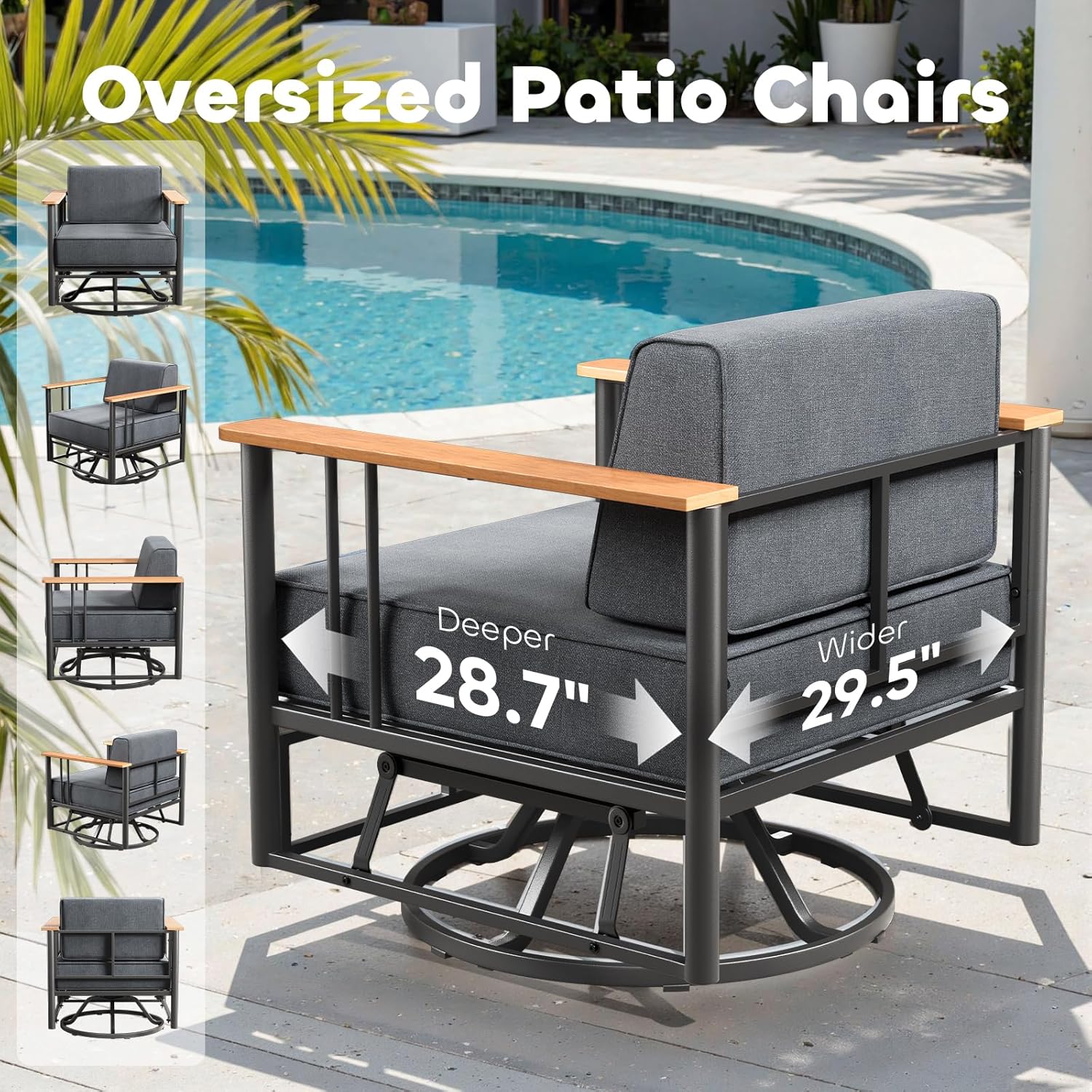 Luxury Outdoor Furniture Set with Swivel Chairs, 5 PCS Patio Furniture Set with 6" Extra Thick Cushions, Suitable for Porch, Balcony, Deck, Patio, Yard, Poolside, Black/Grey