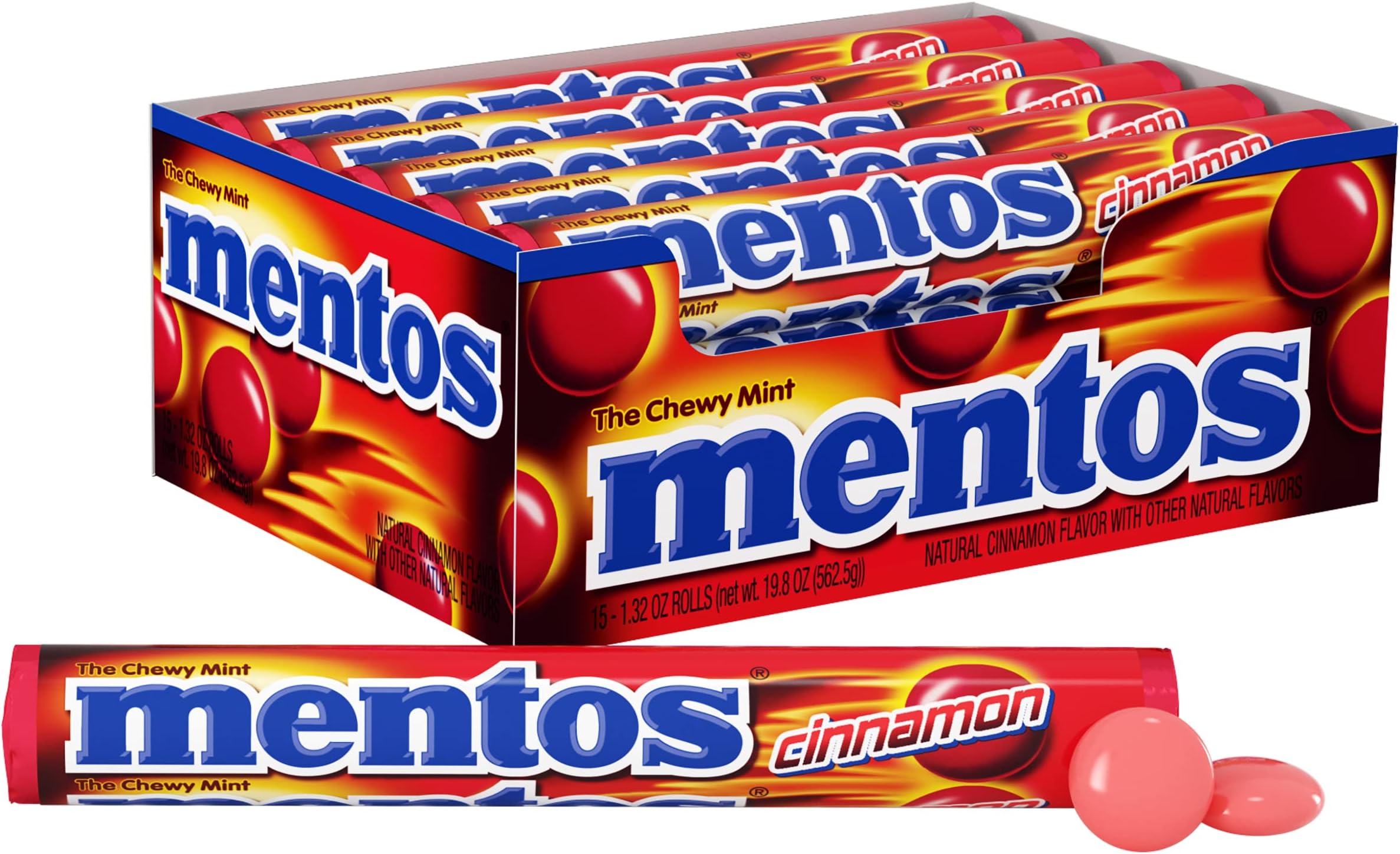 Mentos Chewy Mint Candy Roll, Cinnamon, Halloween Candy, Bulk, Party, Non Melting, 1.32 Ounce/14 Pieces (Pack of 15)