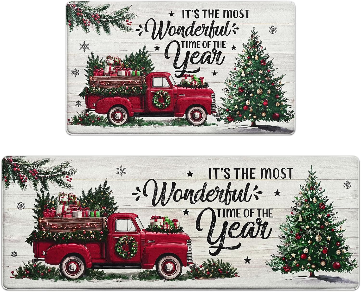 Yinhua Christmas Kitchen Rugs Sets of 3, Christmas Tree Kitchen Rugs Non Slip Washable, Farmhouse Anti Fatigue Mats for Kitchen Floor, PVC Waterproof Rug for Christmas, 18''x30''+18''x48''+18''x60''