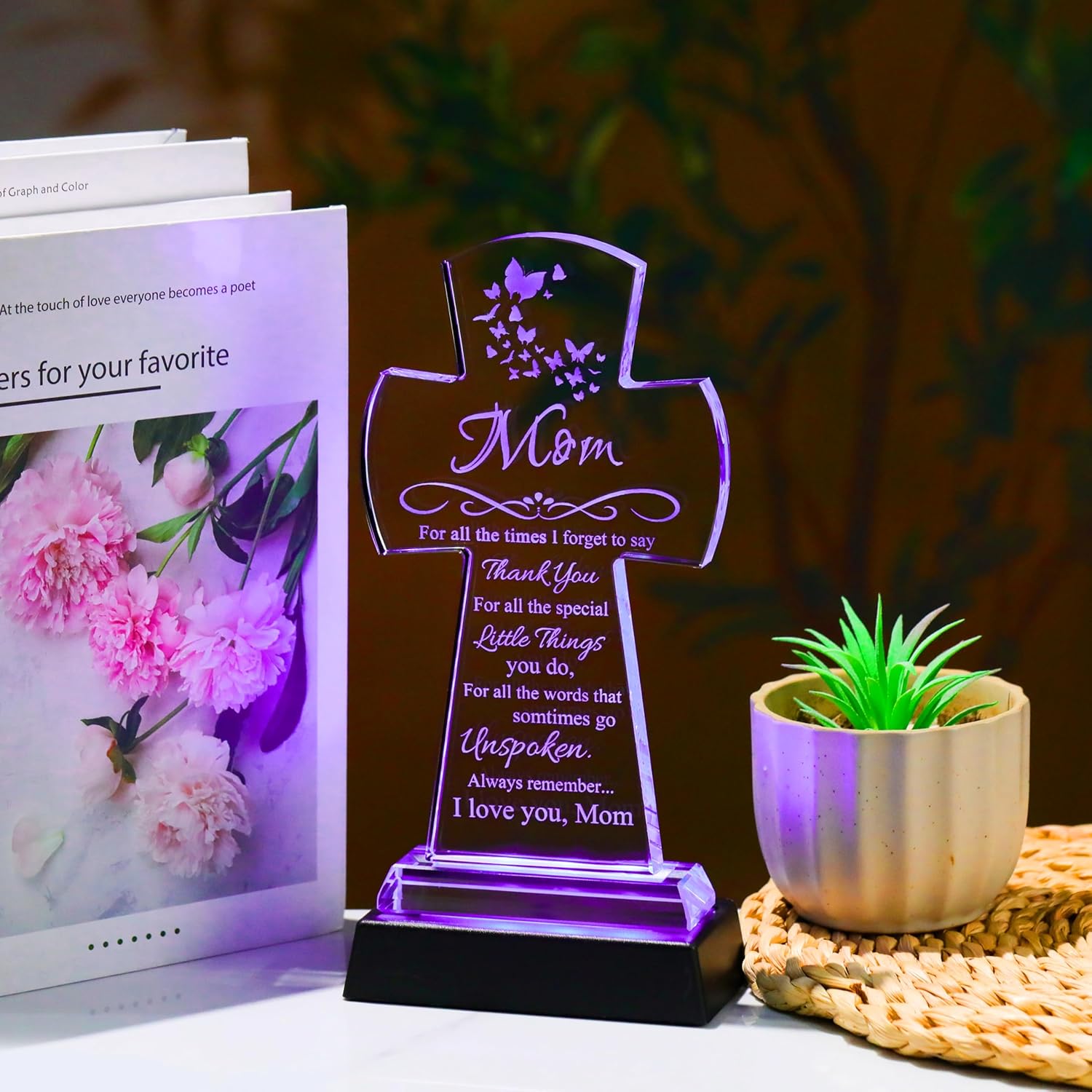 Qianwei Gifts for Mom from Daughter Son - Crystal Cross Christian Gifts for Mom with Led Colourful Light Base - Christmas Valentines Mothers Birthday Day Gifts Her Mama