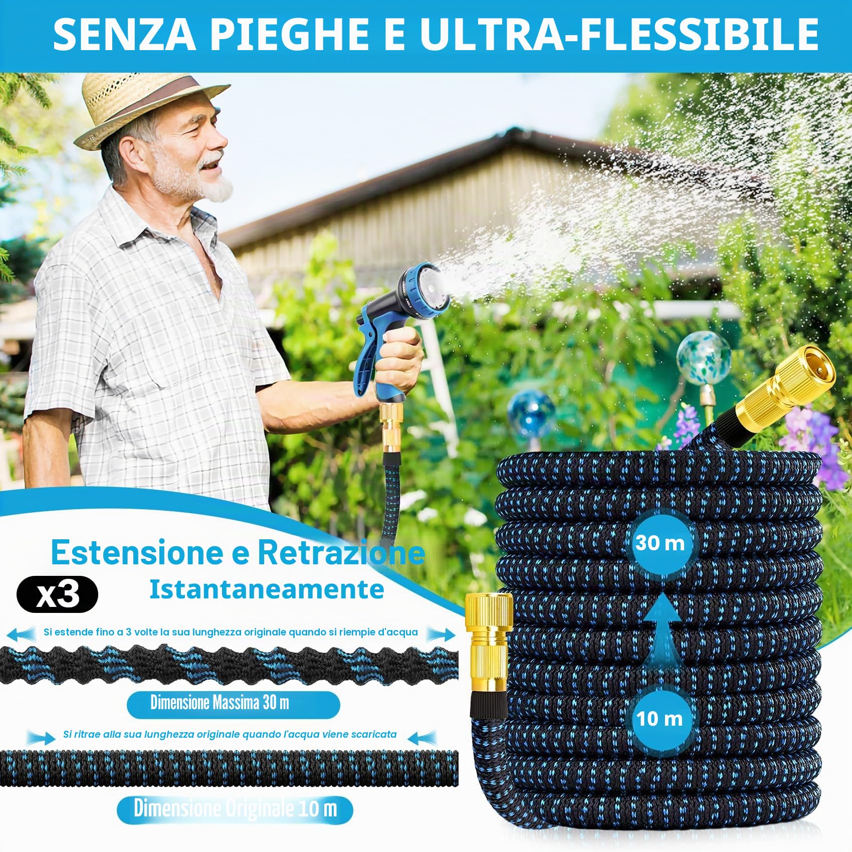 Tubo Estensibile da Giardino - Migliorato Ttubo Acqua Giardino Resistente, Canna dell'acqua con Pistola da Giardino, Non-perde Gomma per Innaffiare,30 Metri Tubo Irrigazione, Tubo Flessibile Giardino