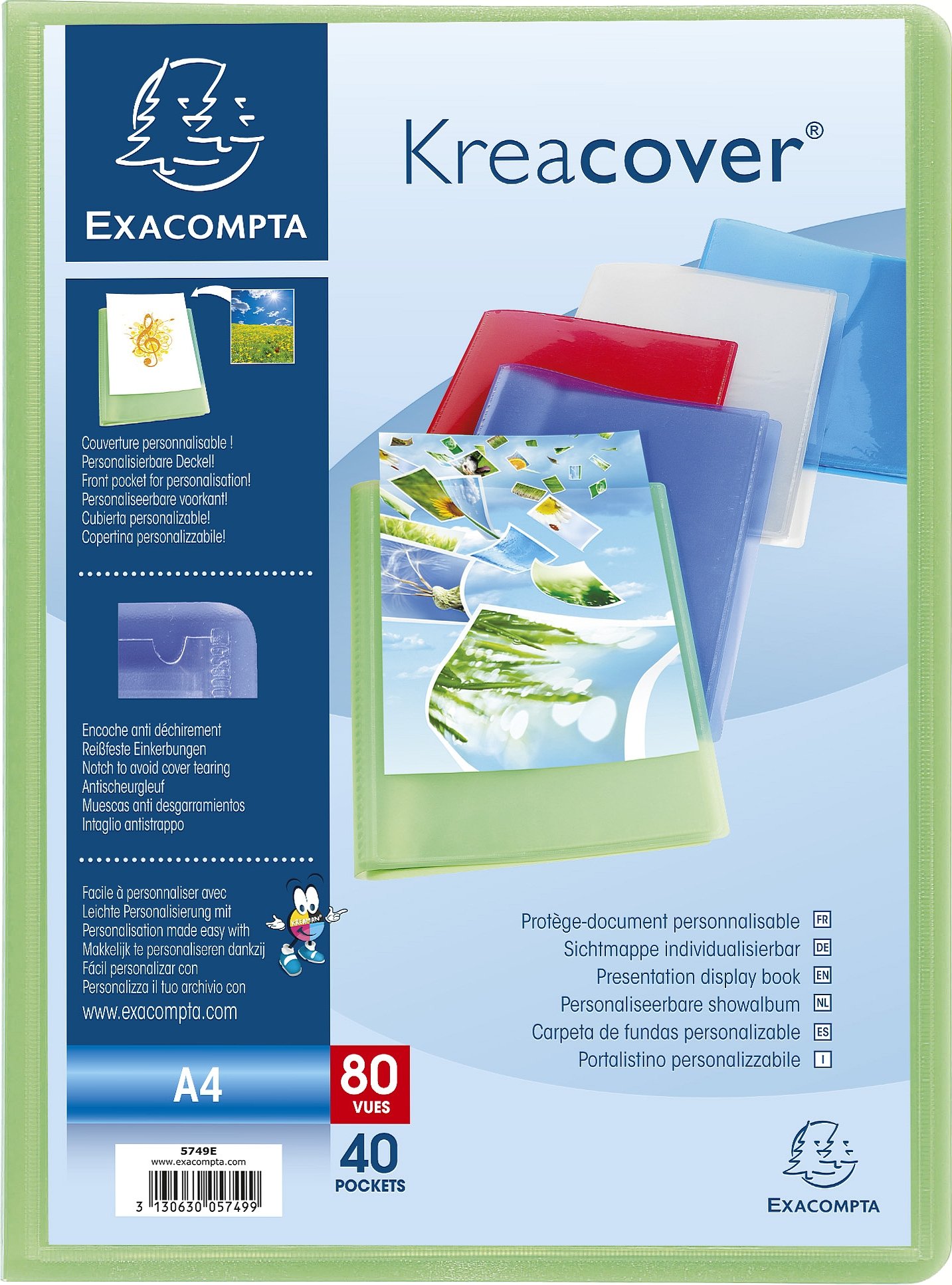 Exacompta 5749E 5er Pack Premium Sichtmappe KreaCover aus transluzenten Kunststoff DIN A4 mit 40 Klarsichthüllen, 80 Sichten, farbig sortiert, Aktenhülle, Prospekthülle