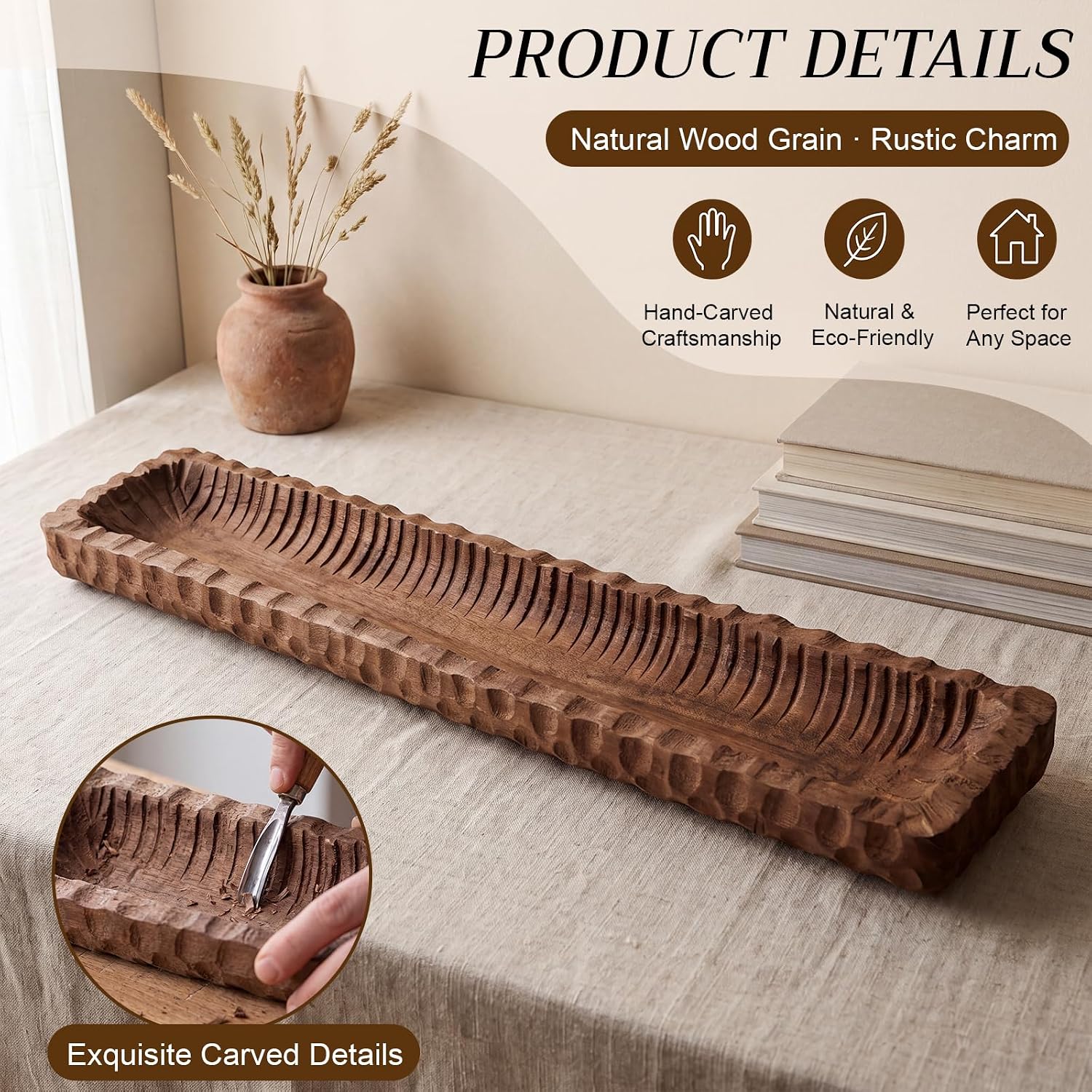30 Inch Large Decorative Wooden Dough Bowl Decor, Rectangular