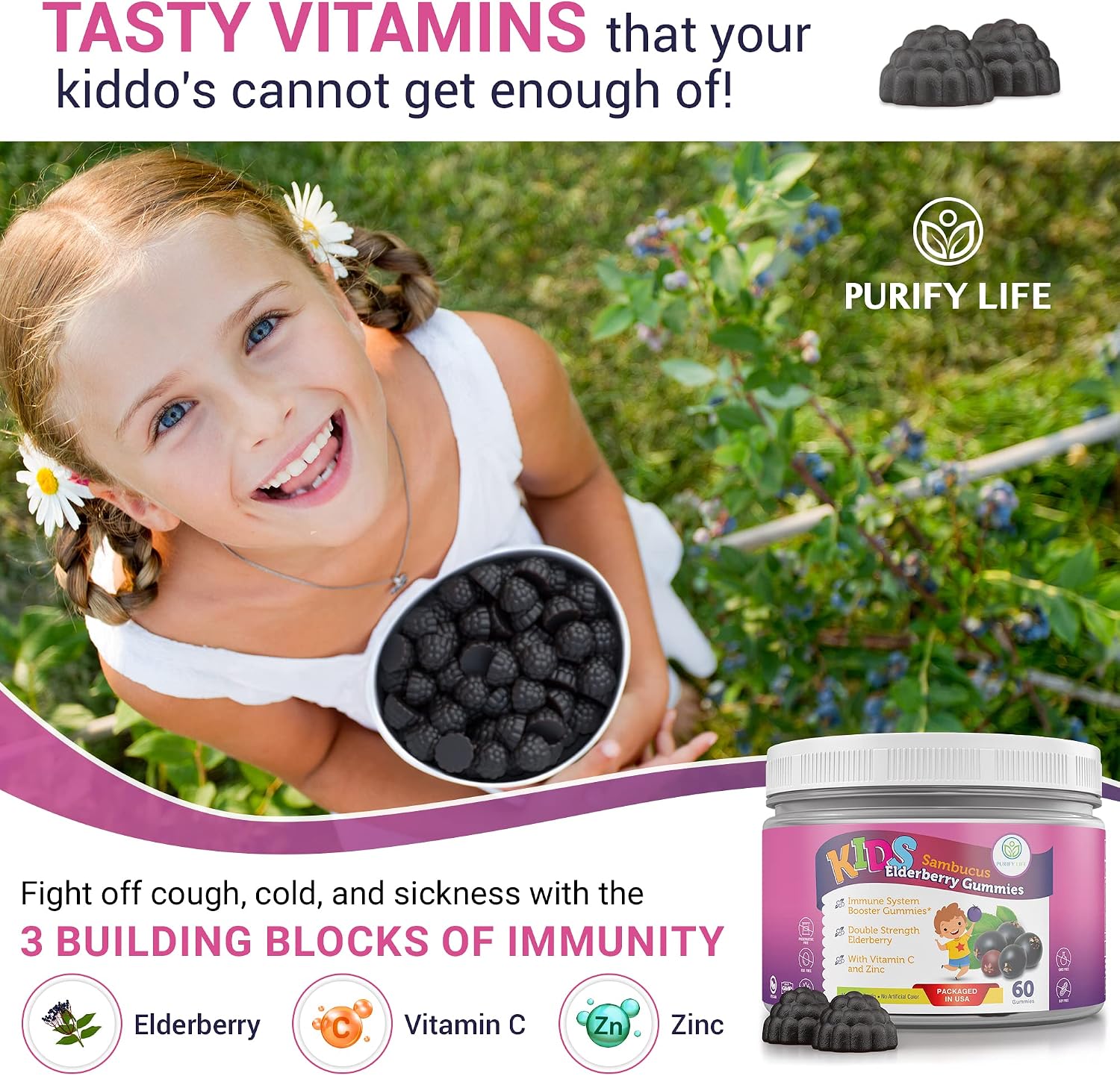 Easy Chew Elderberry Gummies for Kids & Toddlers (60 Day Supply) Sambucus Elderberry Gummies with Zinc & Vitamin C - Allergy, Sniffles, Cough & Cold Relief - Supplement Replace Capsules Pills Tablets