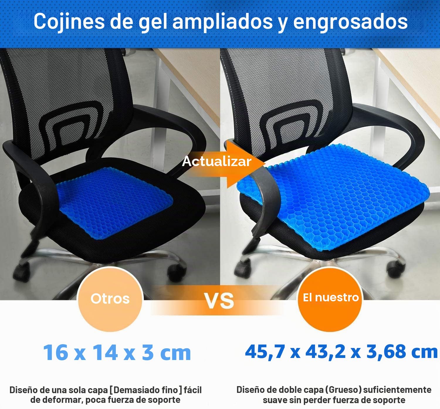 Cojín de Gel Grande para Asiento, diseño de Panal de Abeja, cojín de Gel de Doble Grosor para Mayor Comodidad, Ideal para Coche, Oficina, hogar y Silla
