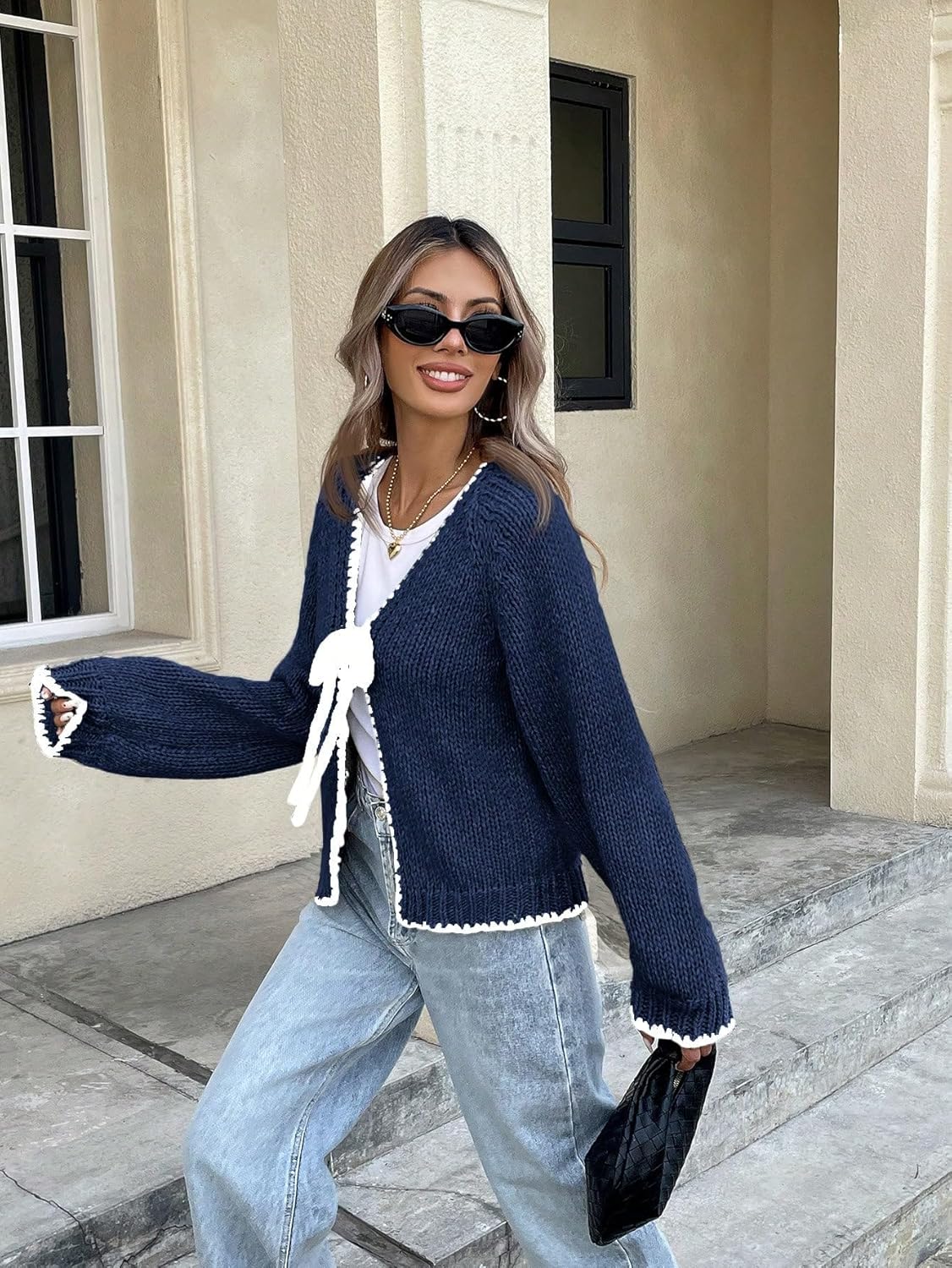 ZAFUL Women's Long Sleeve Cardigan Cute Tie Front V Neck Bow Puff Fall Winter Loose Knit Trendy Cardigan Sweaters 2025 - Image 6