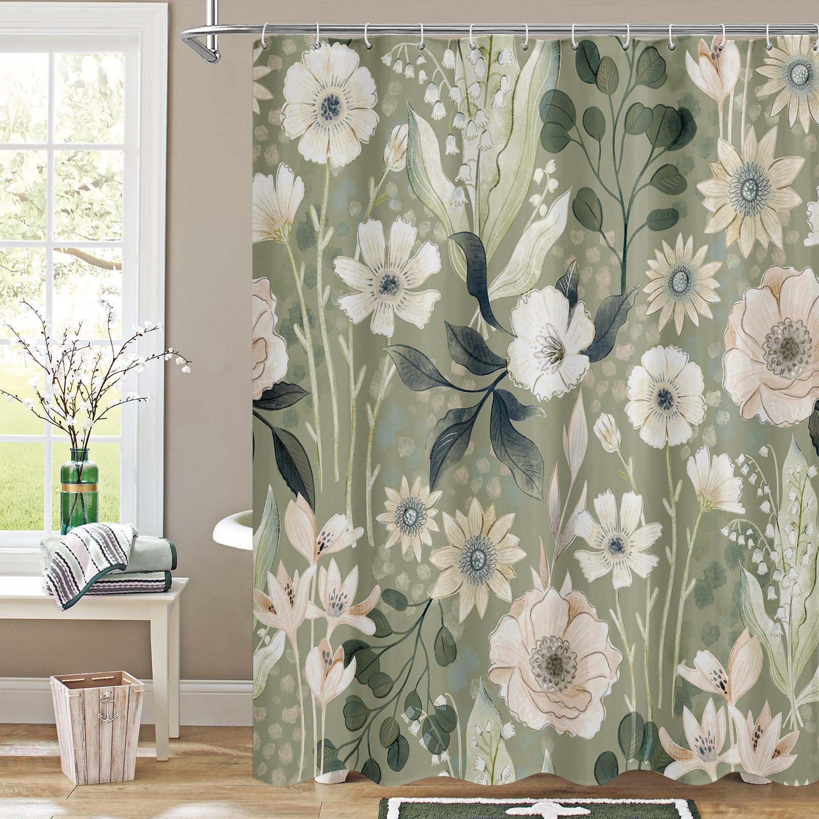 Boho Floral Shower Curtain, Green Botanical Fabric Curtain, 72 x 84