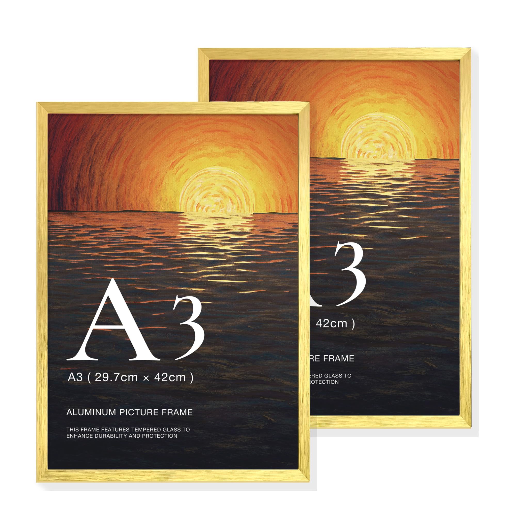 LIVINGTASTE A3 Picture Frame Brushed gold Aluminium, 2-Pack of 29.7x42 cm Photo Frame with Plexiglass Front, for Posters, Certificates, Art Prints and Wall Display