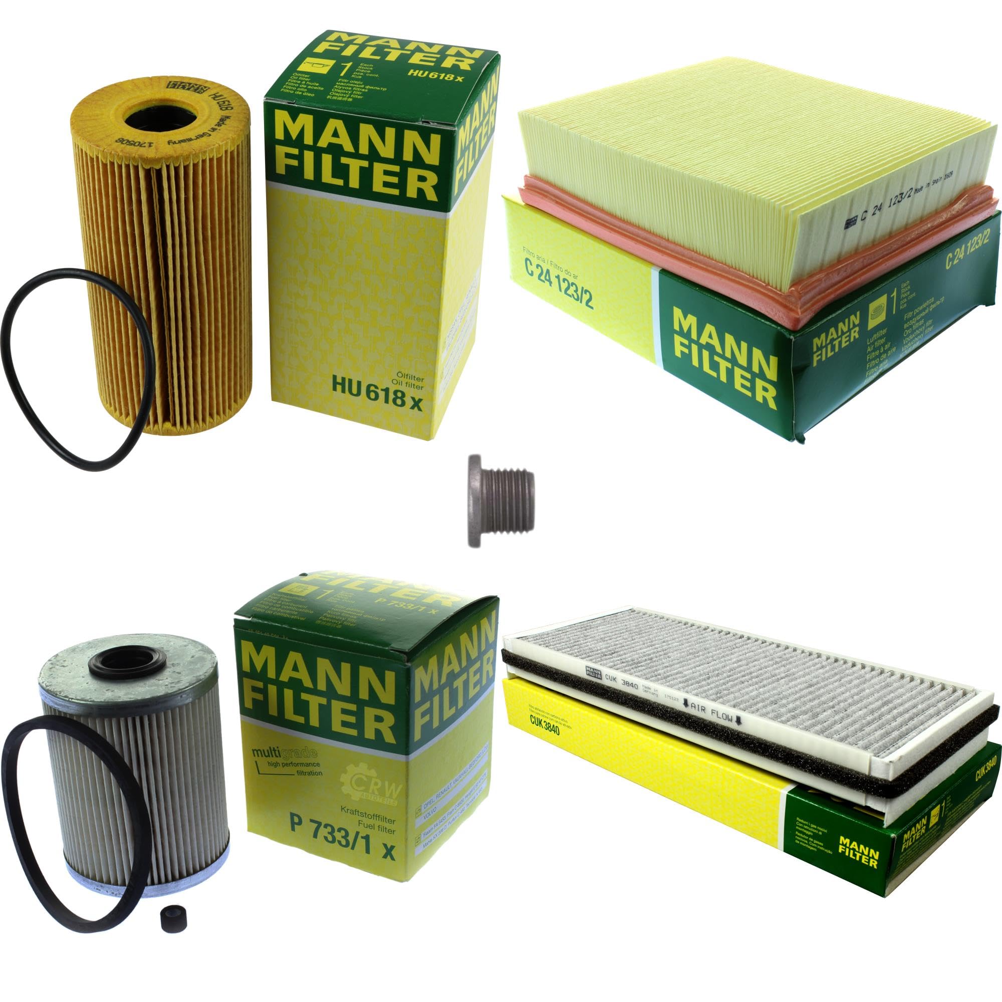 Paquete de inspección Kit de mantenimiento de filtros con filtro de aceite HU 618 x, filtro de aire C 24 123/2, filtro de combustible P 733/1 x, filtro de habitáculo CUK 3840, tornillo de