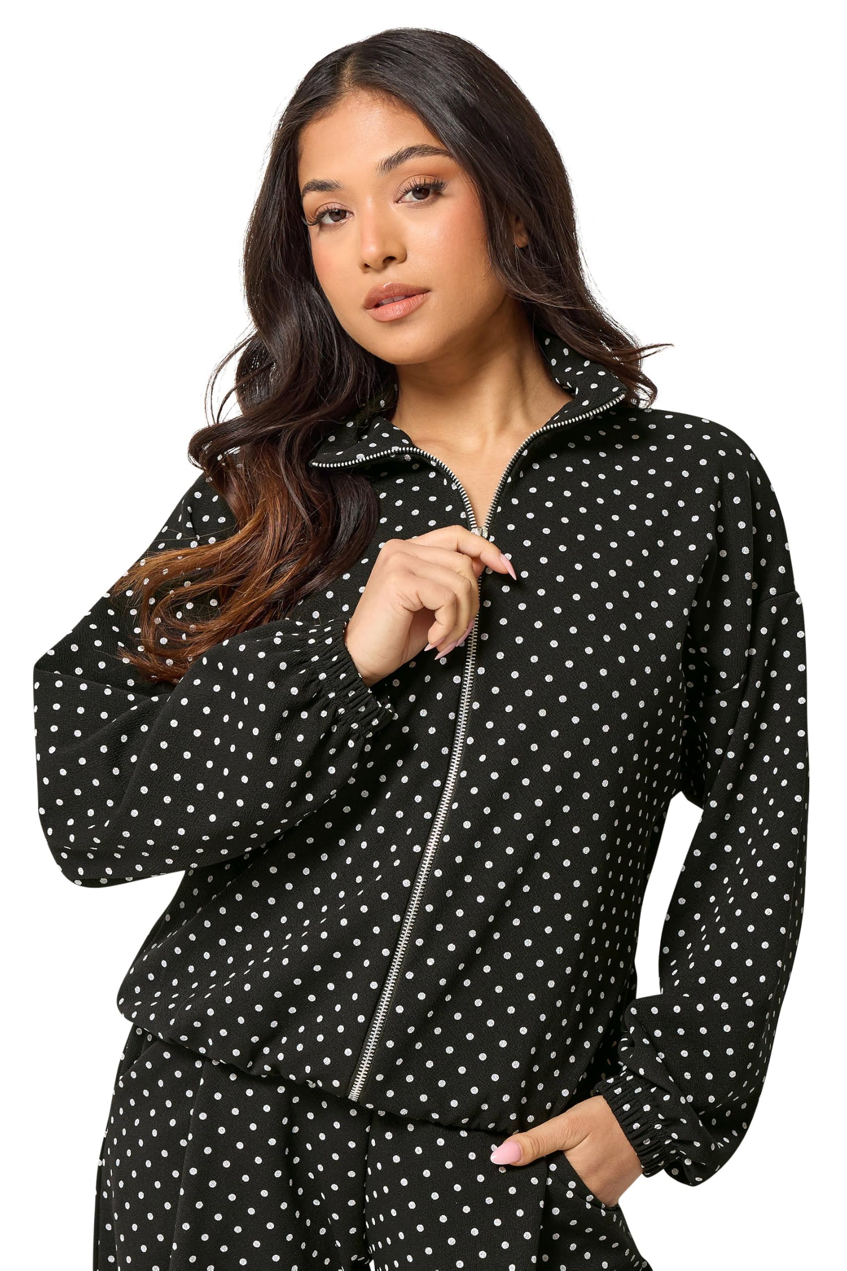 Pixiegirl Women's Black Petite Polka Dot Funnel Neck Jacket In | Size: 6