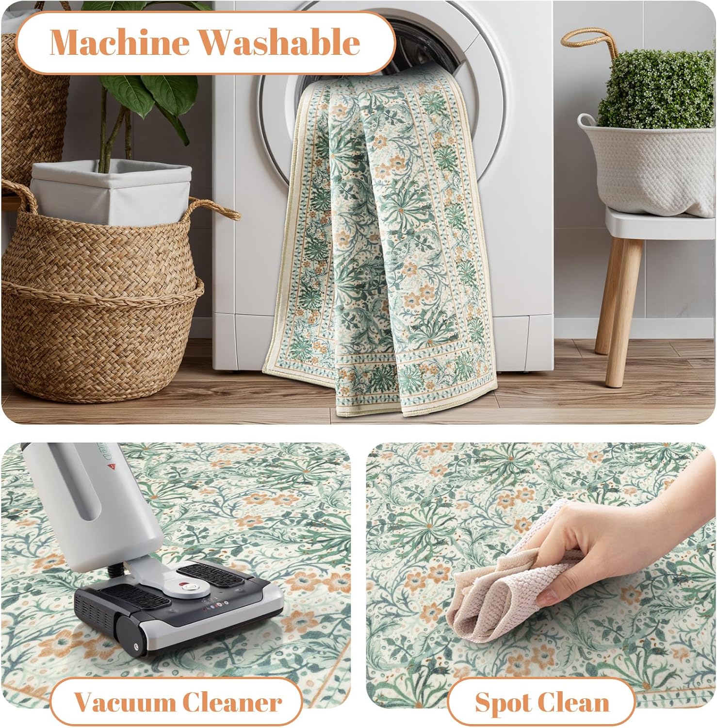 Uphome Botanical Floral Runners for Hallways, 2'6x8 Washable Boho Kitchen Runner Rugs Non Slip, Long Soft Entryway Runner Rug Low Pile, Vintage Floor Carpet for Hallways Bedroom Bathroom, Beige