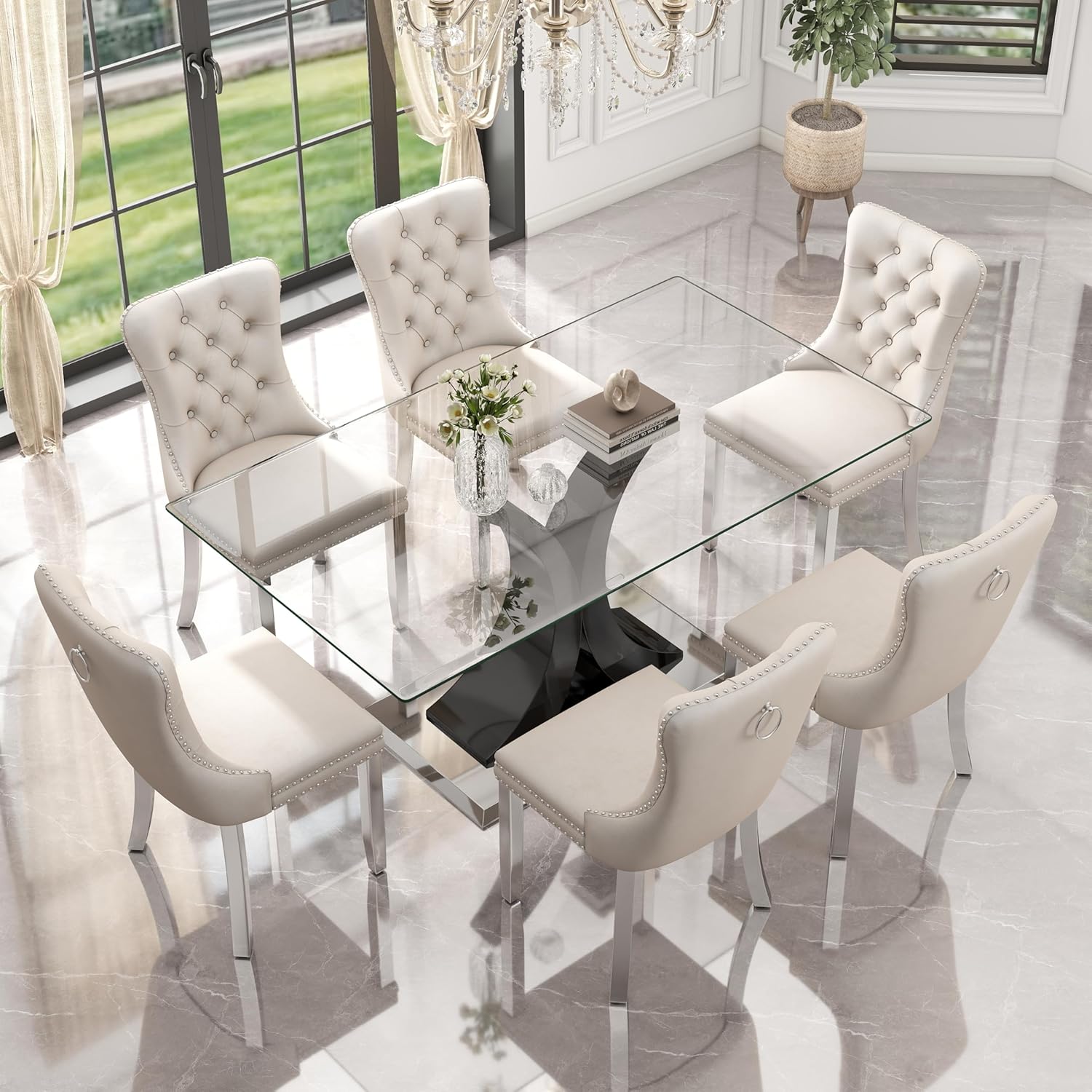 7 Pieces Modern Luxury Glass Dining Set, Large Minimalist Rectangle Dinner Set for 6, 63'' Clear Glass Top Kitchen Table Set with Black & Silver Base, Beige Tufted Chairs, for Apartment Home