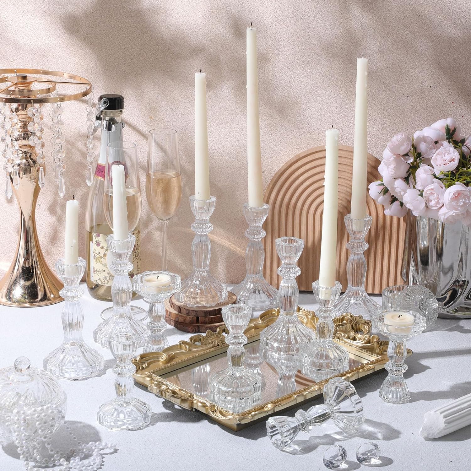 12 Pack Glass Candlestick Holders Set 4.3/6.1'' Taper Stripe Candle Holder Bulk Floral Shape Crystal Decorative Candle Stand Centerpiece for Table Valentine's Day Wedding Dining (Clear)