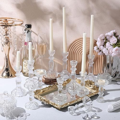 Miniatura 4 de Juego de 24 portavelas de vidrio de 4.36.1 pulgadas, portavelas a rayas cónicas a granel con forma floral de cristal, candelabros decorativos,