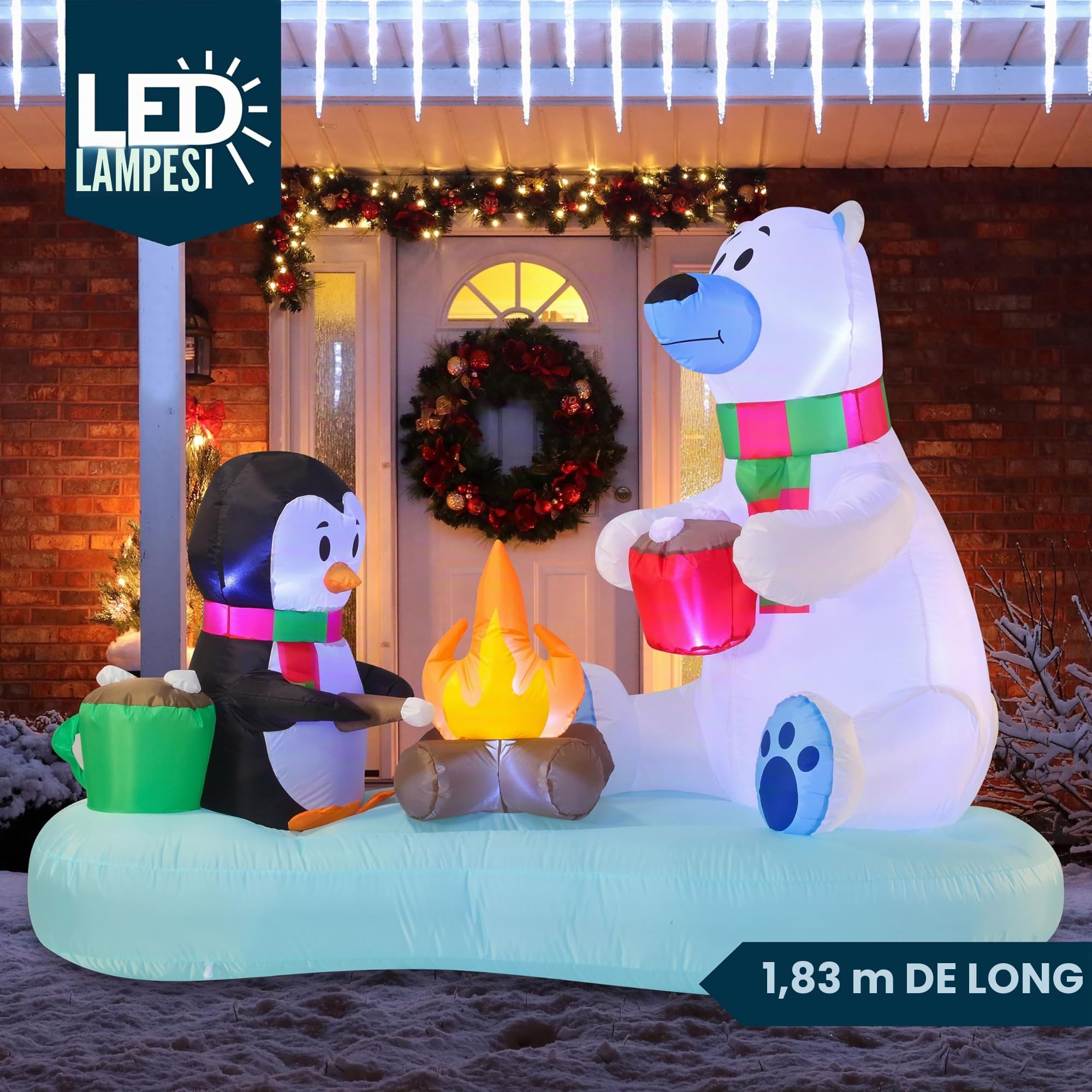 Joiedomi Ours polaire et pingouin gonflable de 1,8 m de long avec décoration de feu de camp, décoration de Noël gonflable avec LED intégrées pour fête de Noël, pelouse, décoration d'hiver