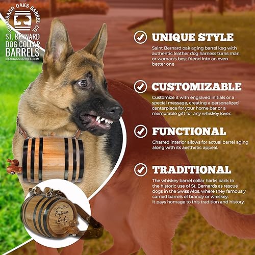 Vista 21 de St Bernard - Collar de barril de whisky para perro, Pooch Hooch' - Dispensador de barril de roble de 1/2 litro para perros San Bernardo con correa