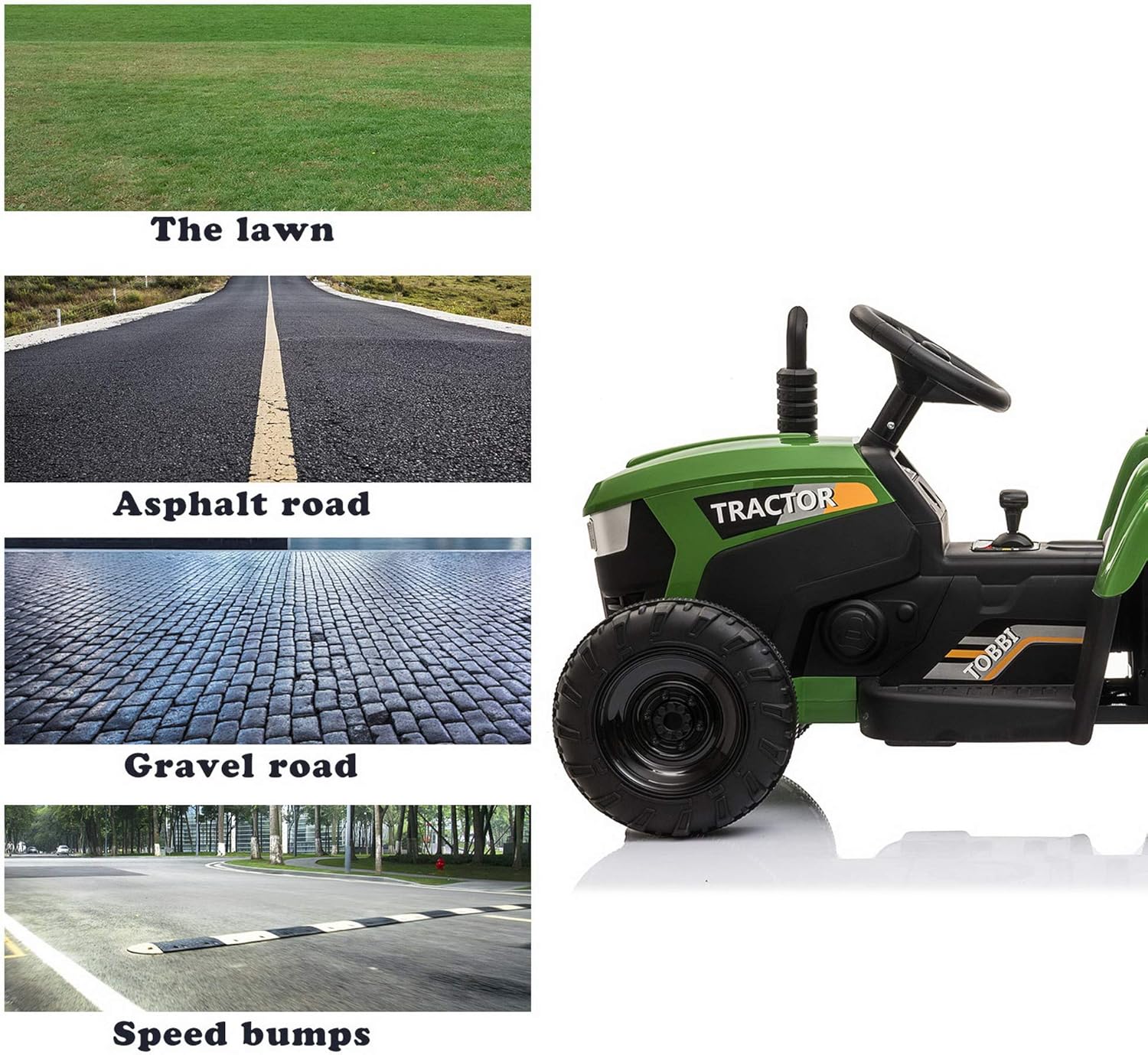 TOBBI 12v Battery-Powered Toy Tractor with Trailer and 35W Dual Motors,3-Gear-Shift Ground Loader Ride On with LED Lights and USB&Bluetooth Audio Functions in Dark Green : Toys & Games