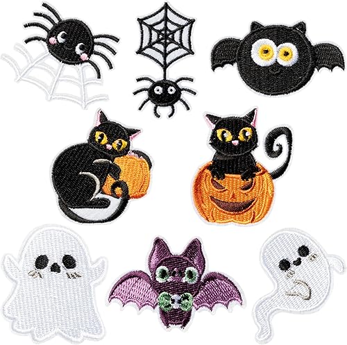 8 parches para planchar de Halloween, fantasma, murciélago, araña, gato, animales, coser, bordado, parche de reparación de bordado, accesorios de