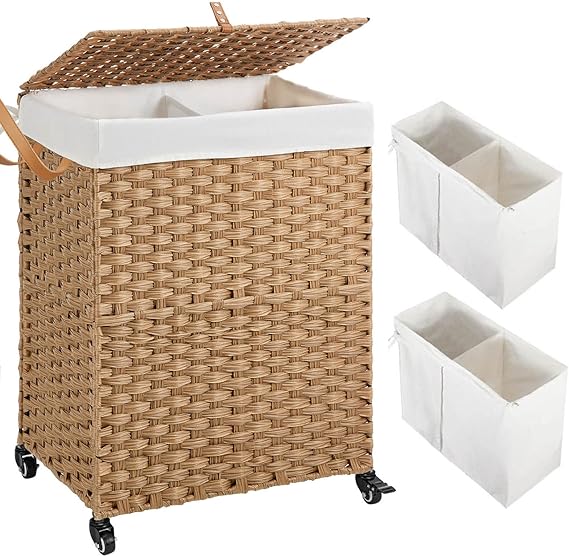 Greenstell Laundry Hamper with Wheels & 2 Removable Liner Bags, 90L Divided