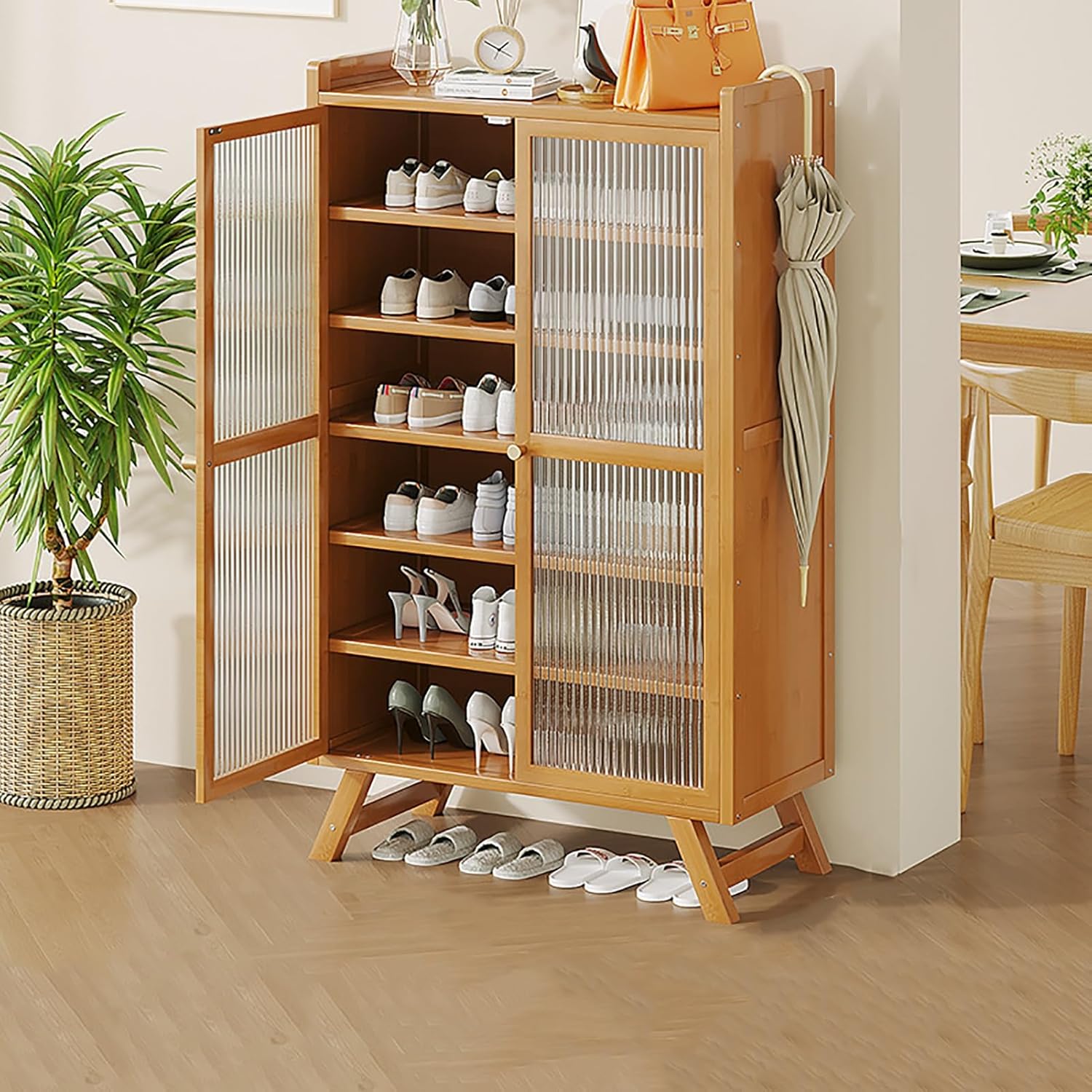 Shoe Storage Cabinet Cabinets Hallway Slim Cupboard Cupboards Hallways Slimline，Transparent Door Bamboo Shoe Cabinet - 7-Layer Entryway Storage, Hidden Shoe Organizer with Doors for Hallway,