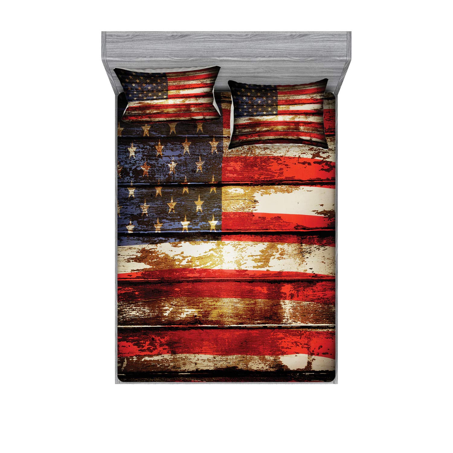Ambesonne American Flag Fitted Sheet & Pillow Sham Set, Us Over Old Rusty Tones Weathered Vintage Social Plank Artwork, Decorative Printed 3 Piece