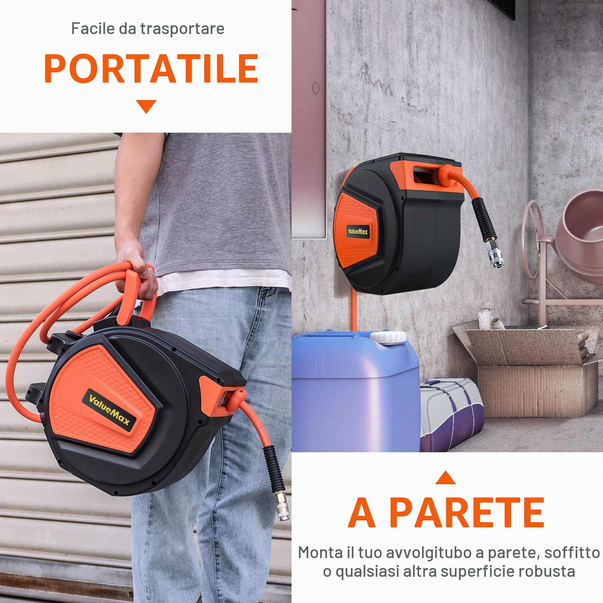 ValueMax Avvolgitubo Aria Compressa 15m+1,5m, Avvolgitubo Pneumatico con Attacco Rapido BSP da 1/4", Dispositivo di Arresto Automatico e Riavvolgitore Automatico
