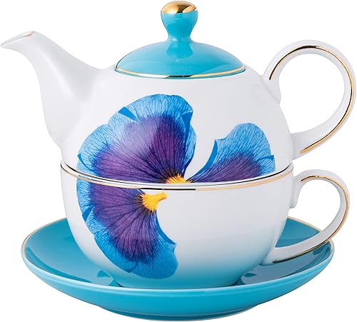 Jusalpha Té de porcelana inglesa para un juego, tetera clásica de pétalos azules, taza de té, juego de platillo, juego de regalo para servir té #07