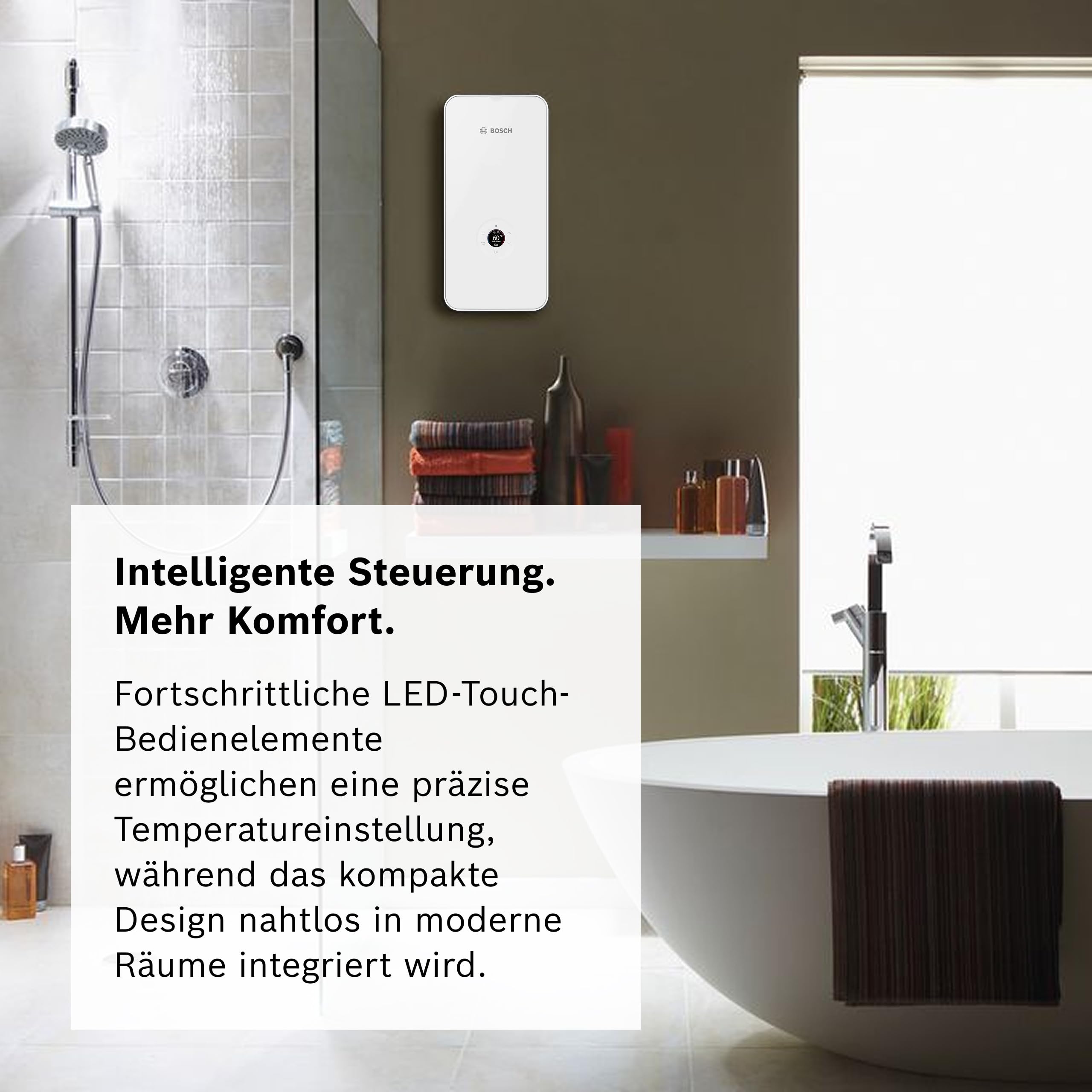 Bosch elektronisch geregelter Durchlauferhitzer Tronic Excellence 21/24 / 27 kW - ab Werk internetfähig, solarfähig, druckfest, multifunktionales LED-Farbdisplay [Energieklasse A]