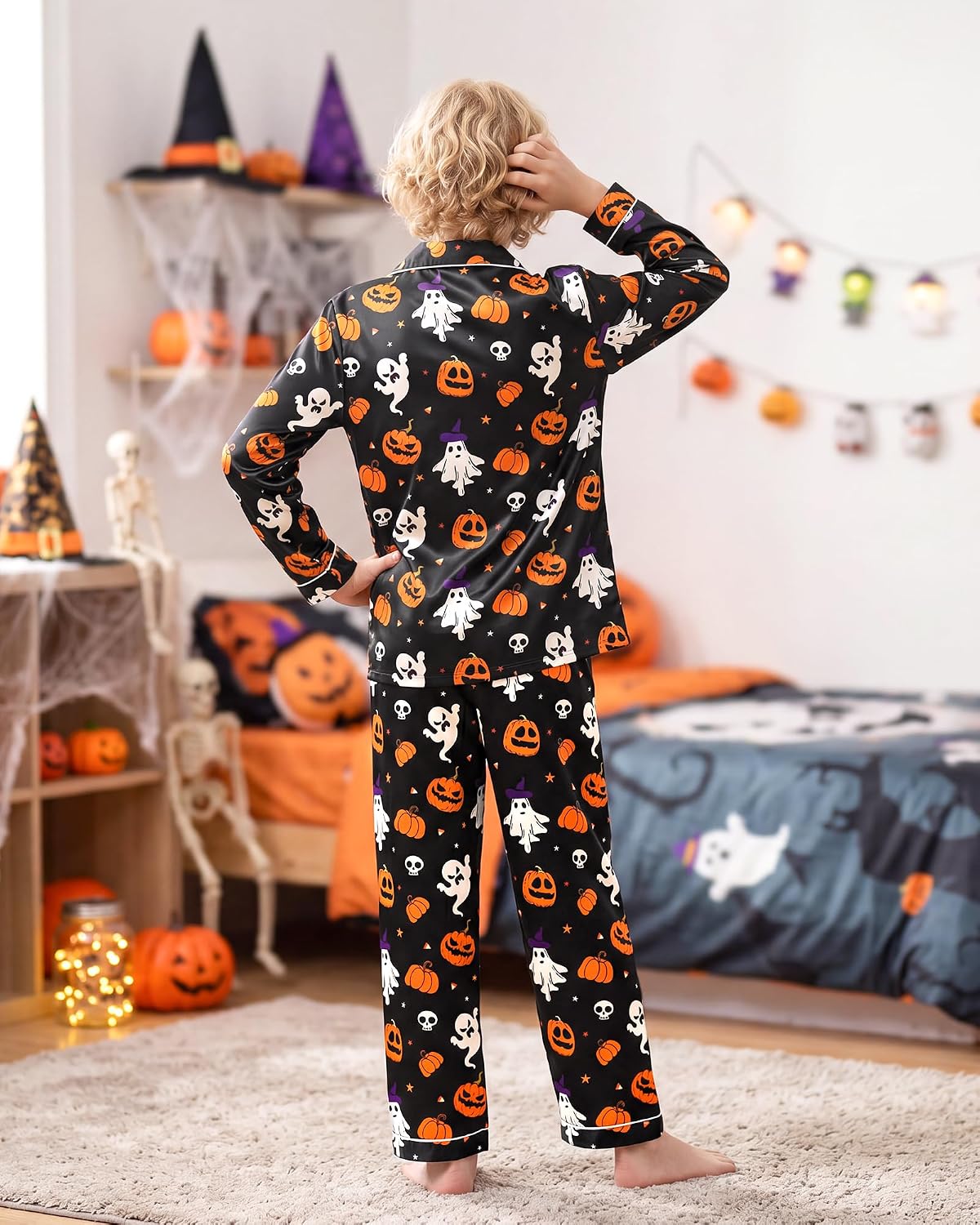 PASHOP Boys Pajamas Big Boys Silky Satin Pajamas Long Sleeve and Pants Button Down 2 Piece Pjs Sleepwear Set Size 8-14