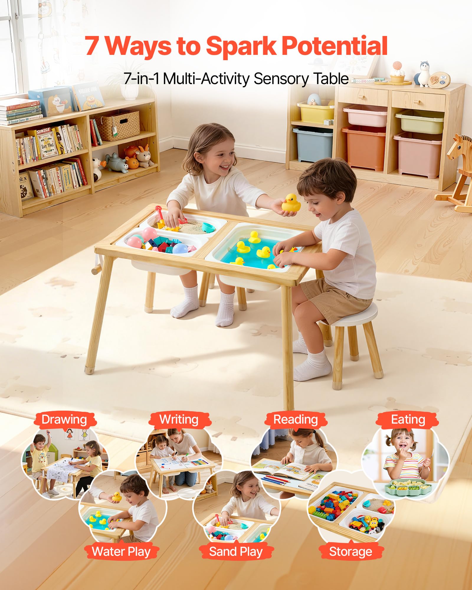VEVOR Tavolo Sensoriale per Bambini, Banco Multifunzioni in Legno con 2 Sgabelli, Piano a Doppio Lato, Contenitori Portaoggetti e Piedini Antiscivolo, per Giochi con Sabbia e Acqua Disegno Studio