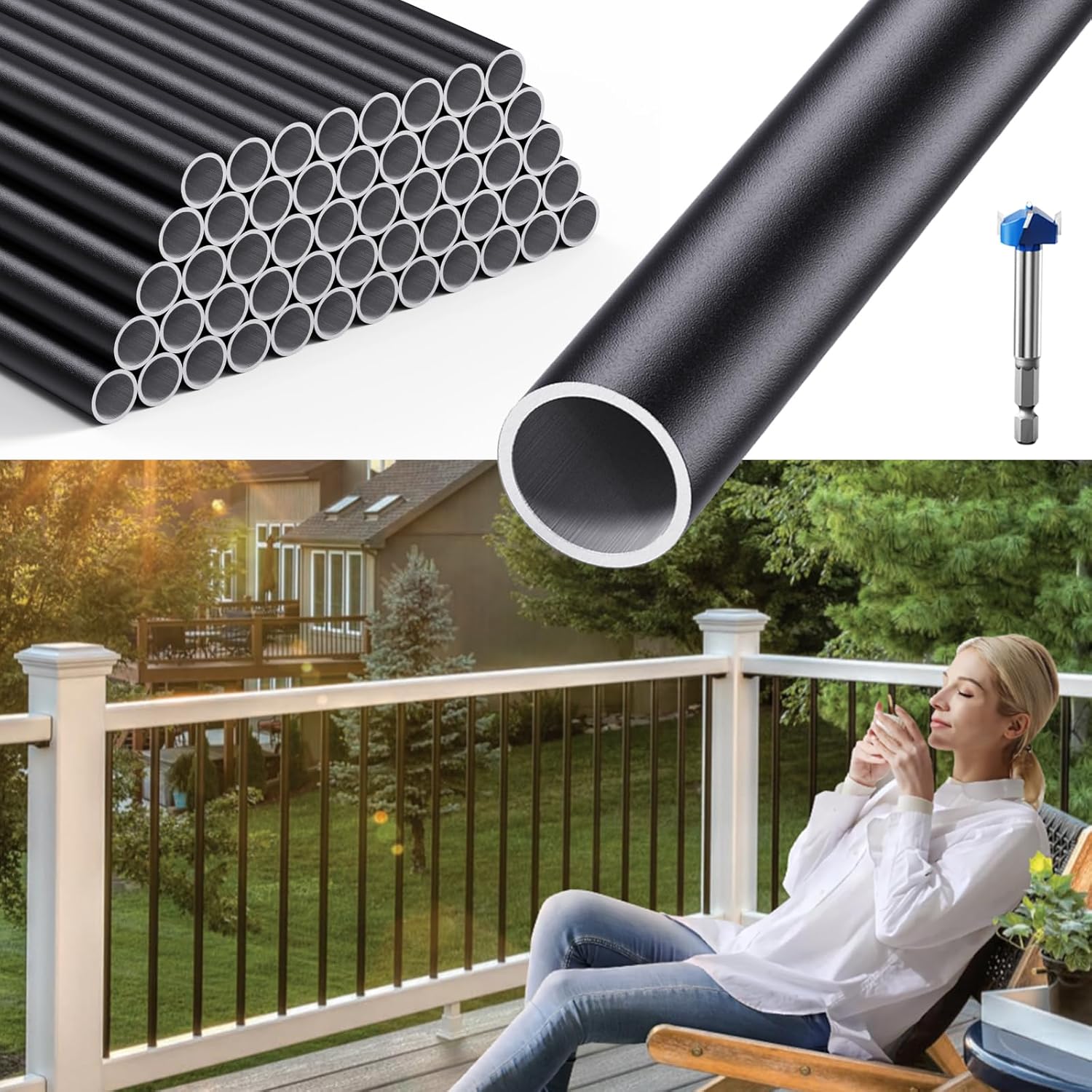 50 Pack 36'' × 3/4'' Round Aluminum Deck Balusters, Balusters for Deck Railing, Stair Balusters, Deck Spindles, Deck Railing, Stair Spindles, Aluminum Deck Railing, Matte Black 36-in 50