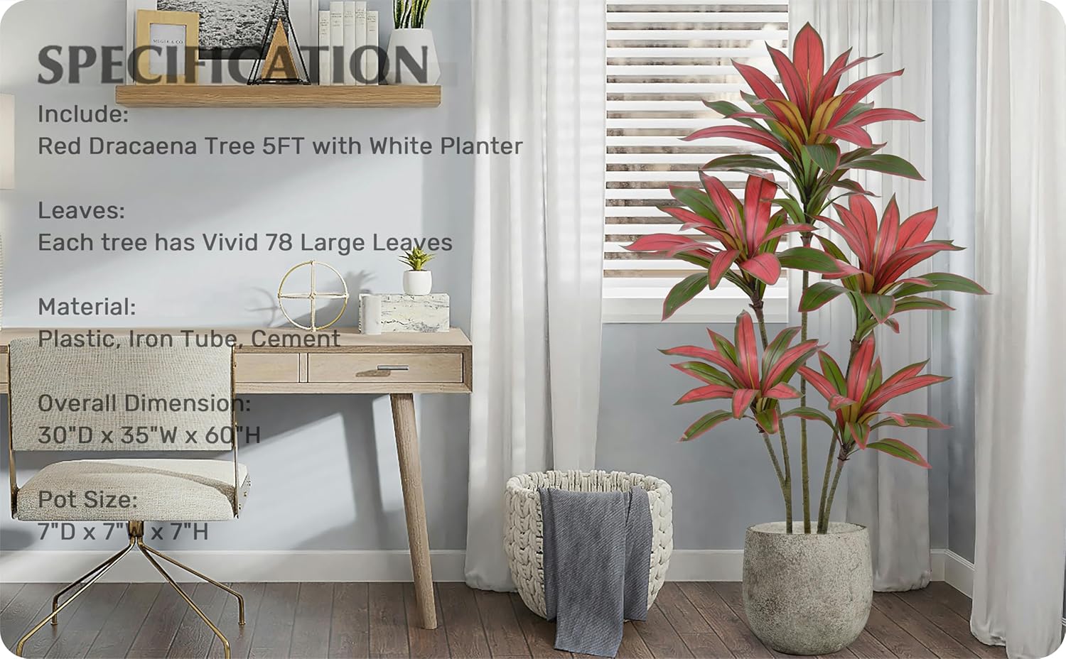 Artificial Red Dracaena Tree 5FT with 78 Leaves & 5 Heads & White Planter Cover with Coconut Fiber Tall Faux Tropical Silk Bicolor Plant 60 Inch for Indoor Home Office Porch Mall Hotel Decor - Image 7