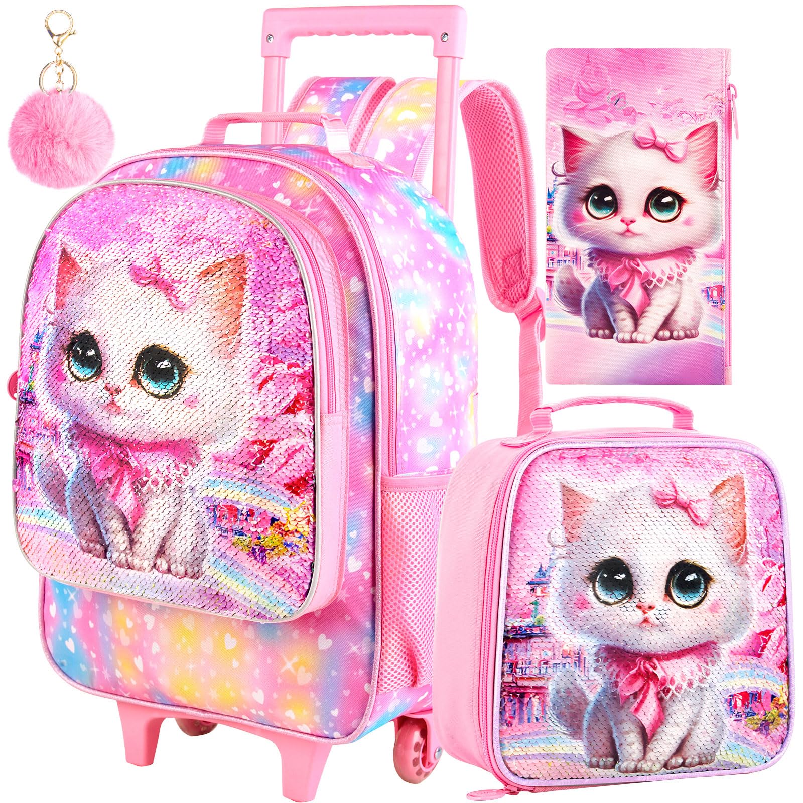 CCJPX 3PCS Rolling Backpack for Girls, Kids Cat Roller Wheels School Bookbag with Lunch Bag, Wheeled School Bag for Toddler Elementary Children