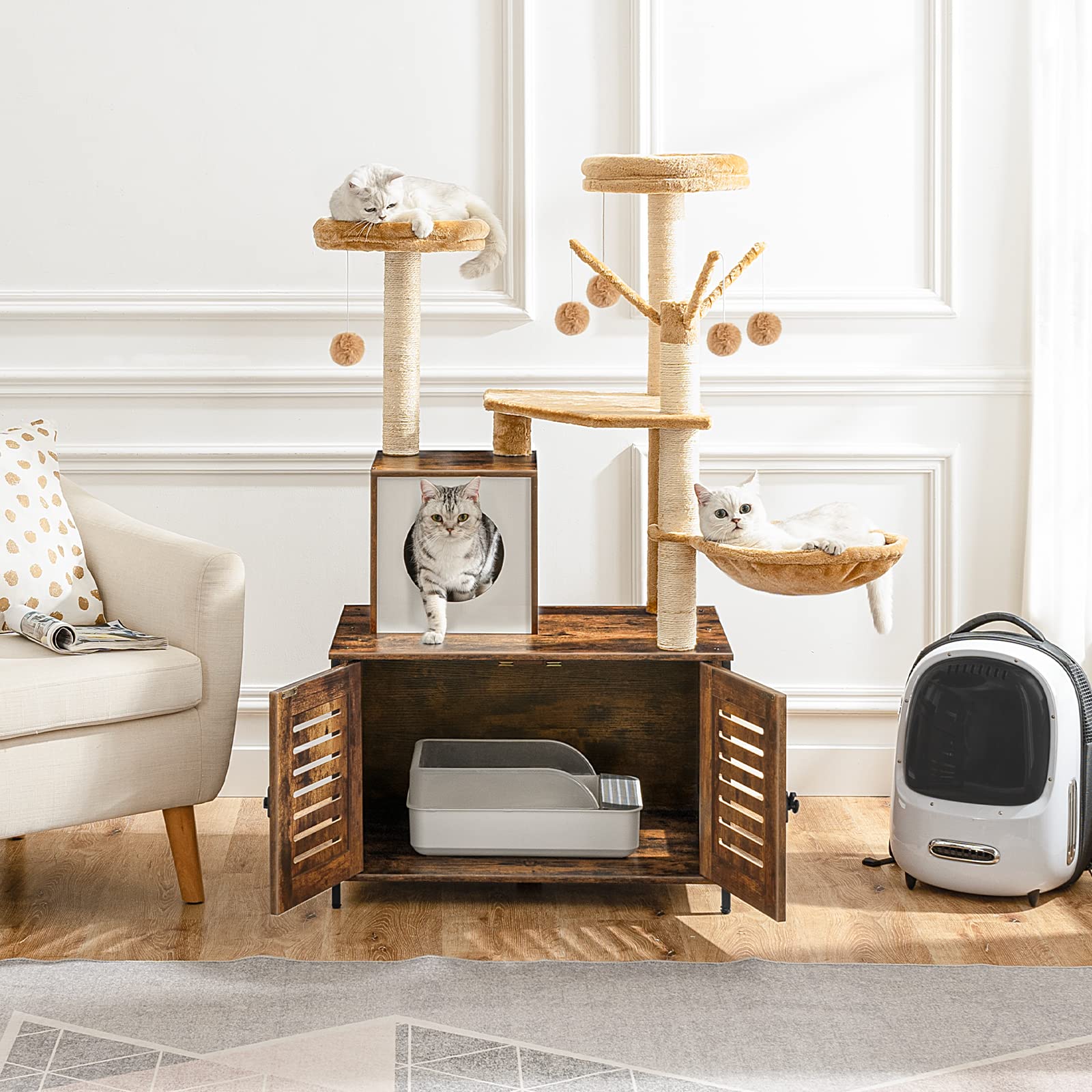 HOOBRO Arbre avec Maison de Litière en Bois avec Tour pour Chat, Bâton taquin à Pompon Amovible, Piliers en Sisal, Marron Rustique EBF14MZ03