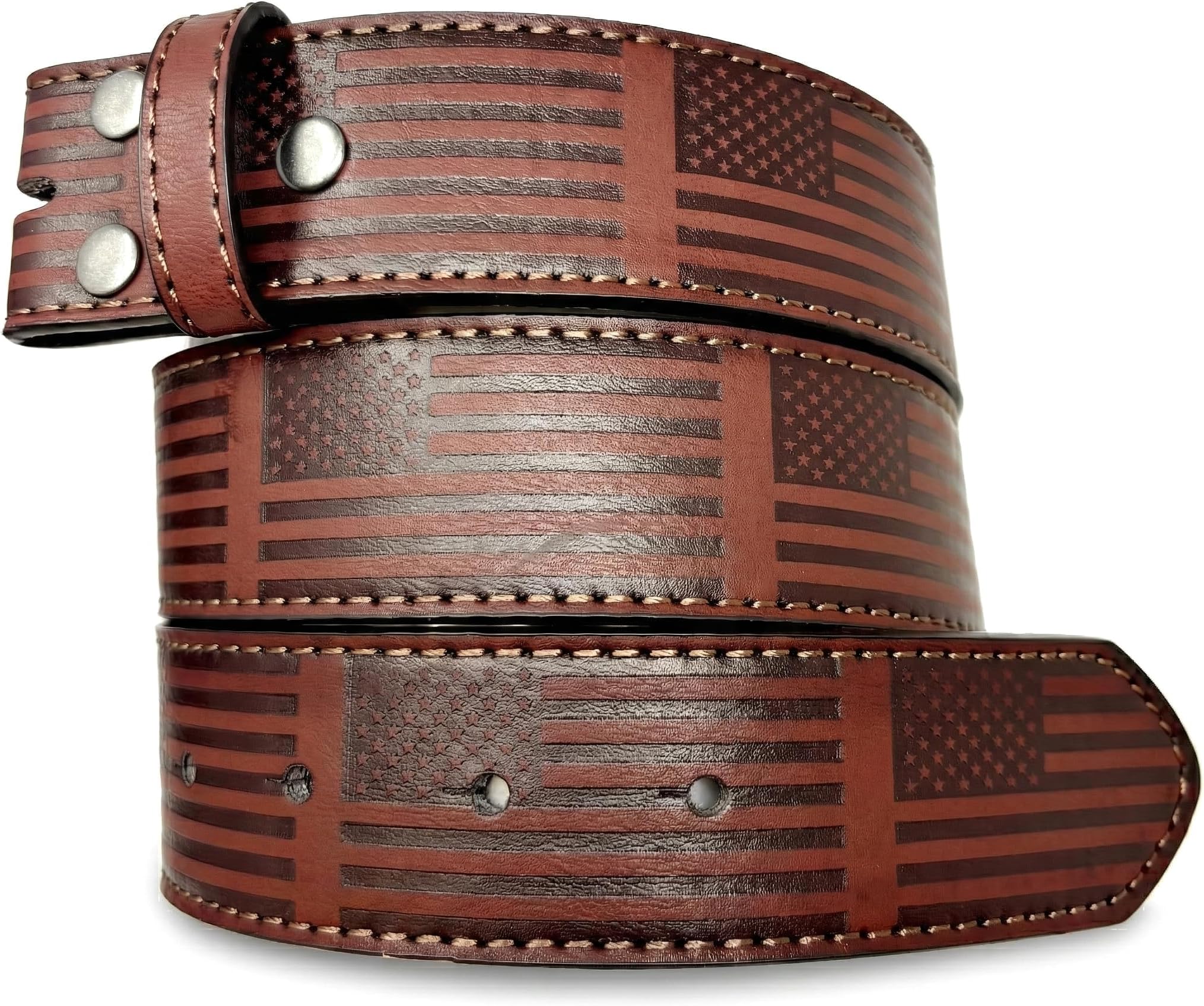 Leather Belt Strap with American Flag Embossed Pattern 1.5" Wide with Snaps - USA Patriotic Stars and Stripes